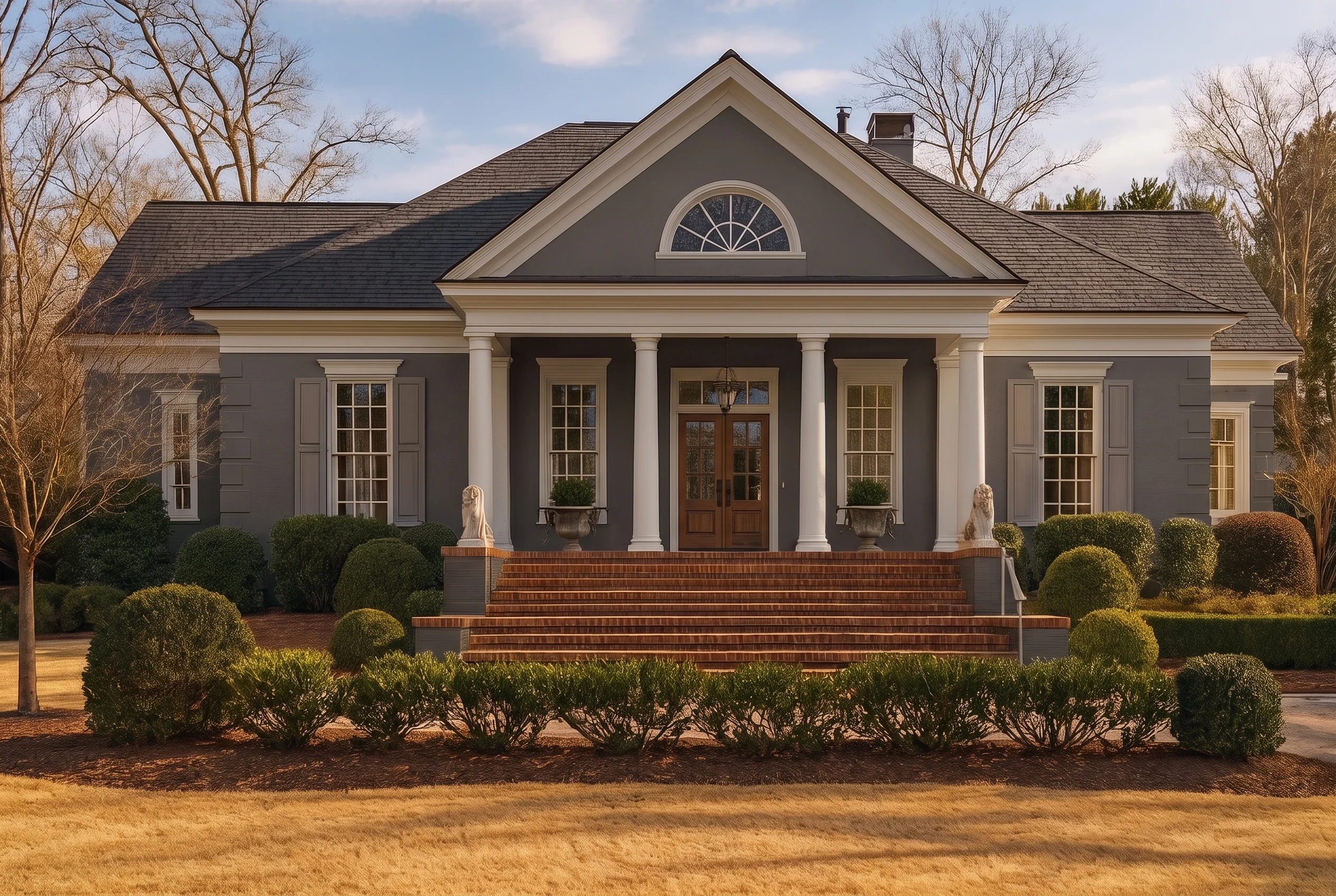 Plan  11-1005 – The Memphis |  Neoclassical – 3-Bed, 3-Bath, 5,215 SF - Warm Charcoal, AI-generated exterior concept
