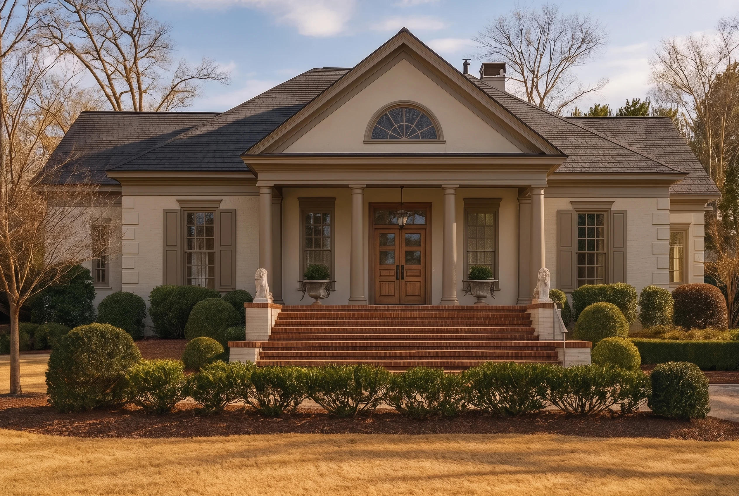 Plan  11-1005 – The Memphis |  Neoclassical – 3-Bed, 3-Bath, 5,215 SF - Mushroom Taupe, AI-generated exterior concept