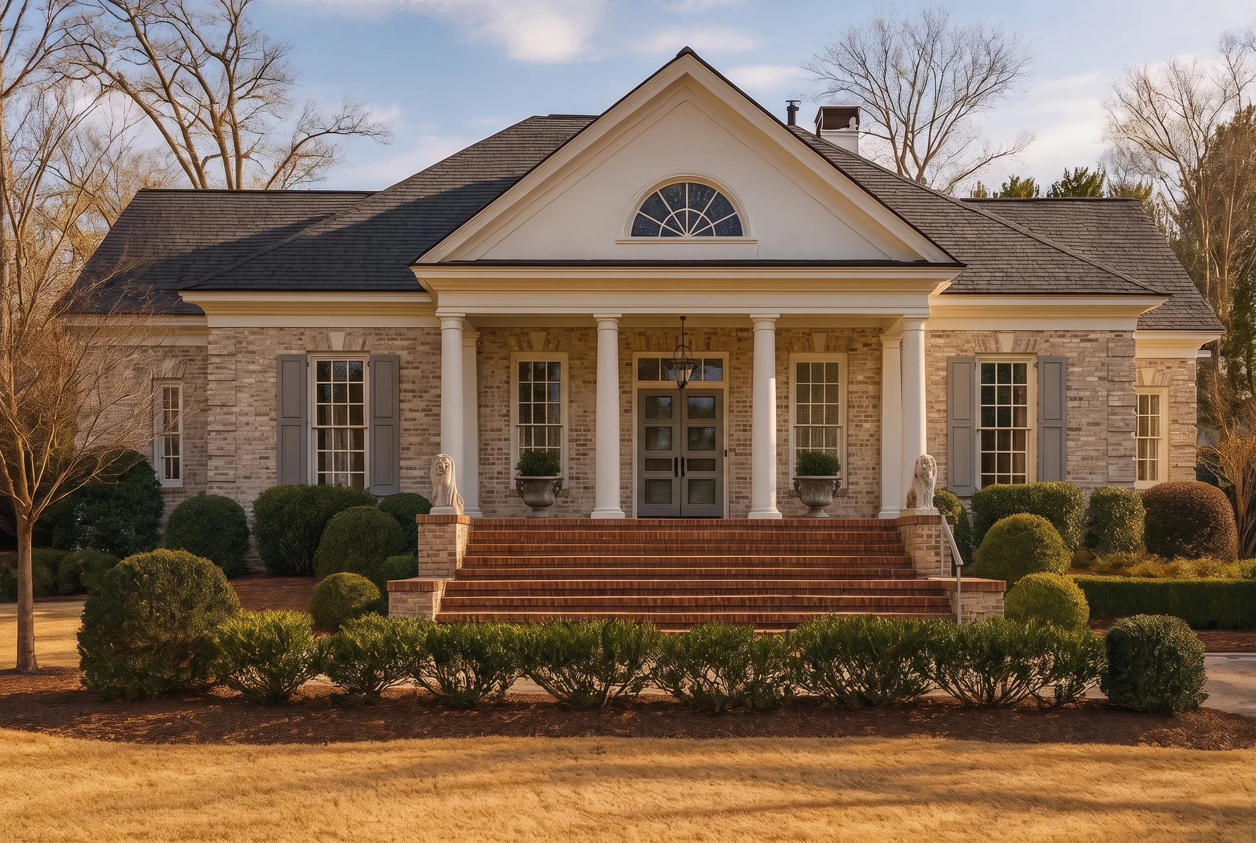 Plan  11-1005 – The Memphis |  Neoclassical – 3-Bed, 3-Bath, 5,215 SF - Natural Brick, AI-generated exterior concept