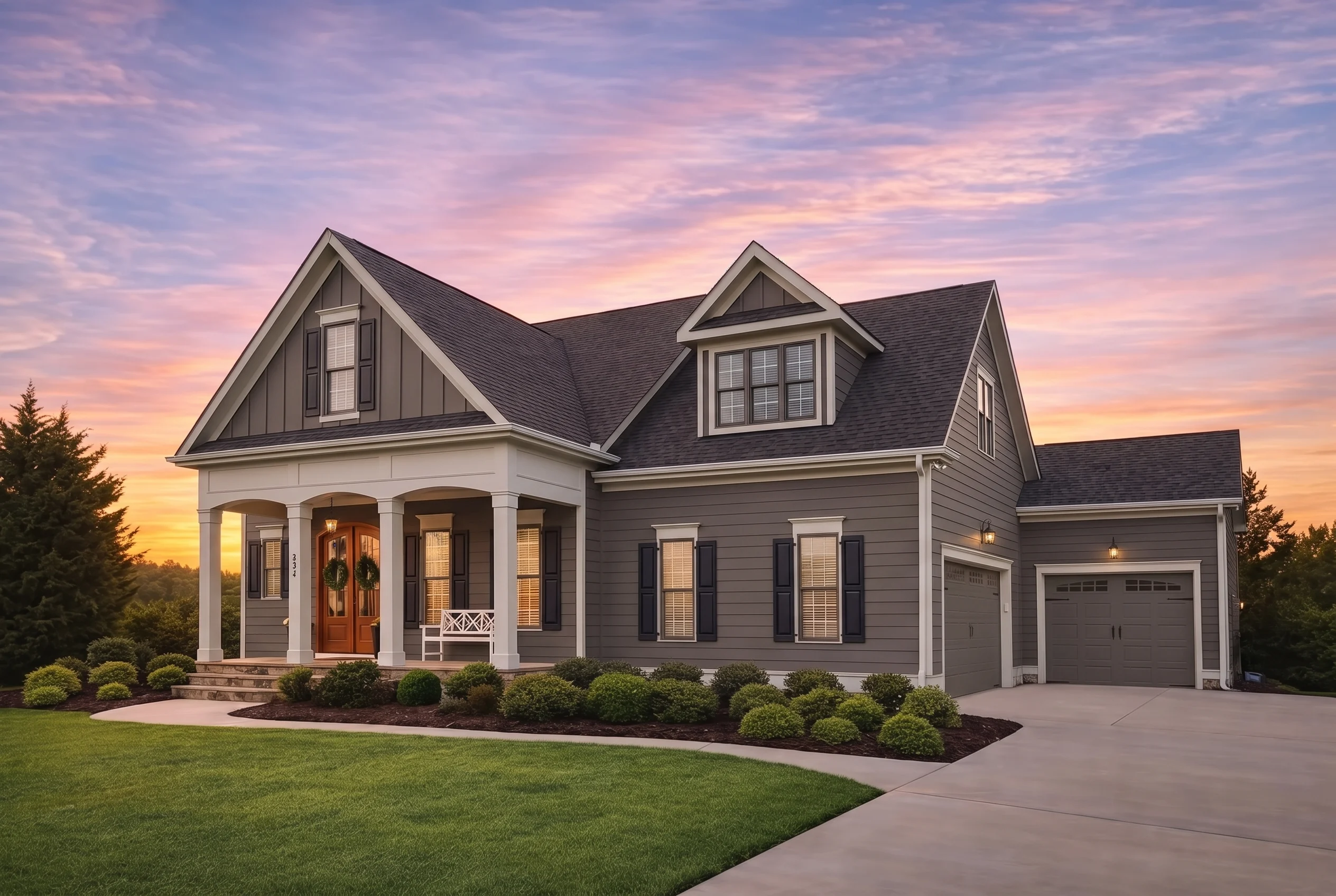 Plan  13-1734 – Willow Valley Estate  | New American – 5-Bed, 4-Bath, 4,239 SF - Warm Charcoal, AI-generated exterior concept