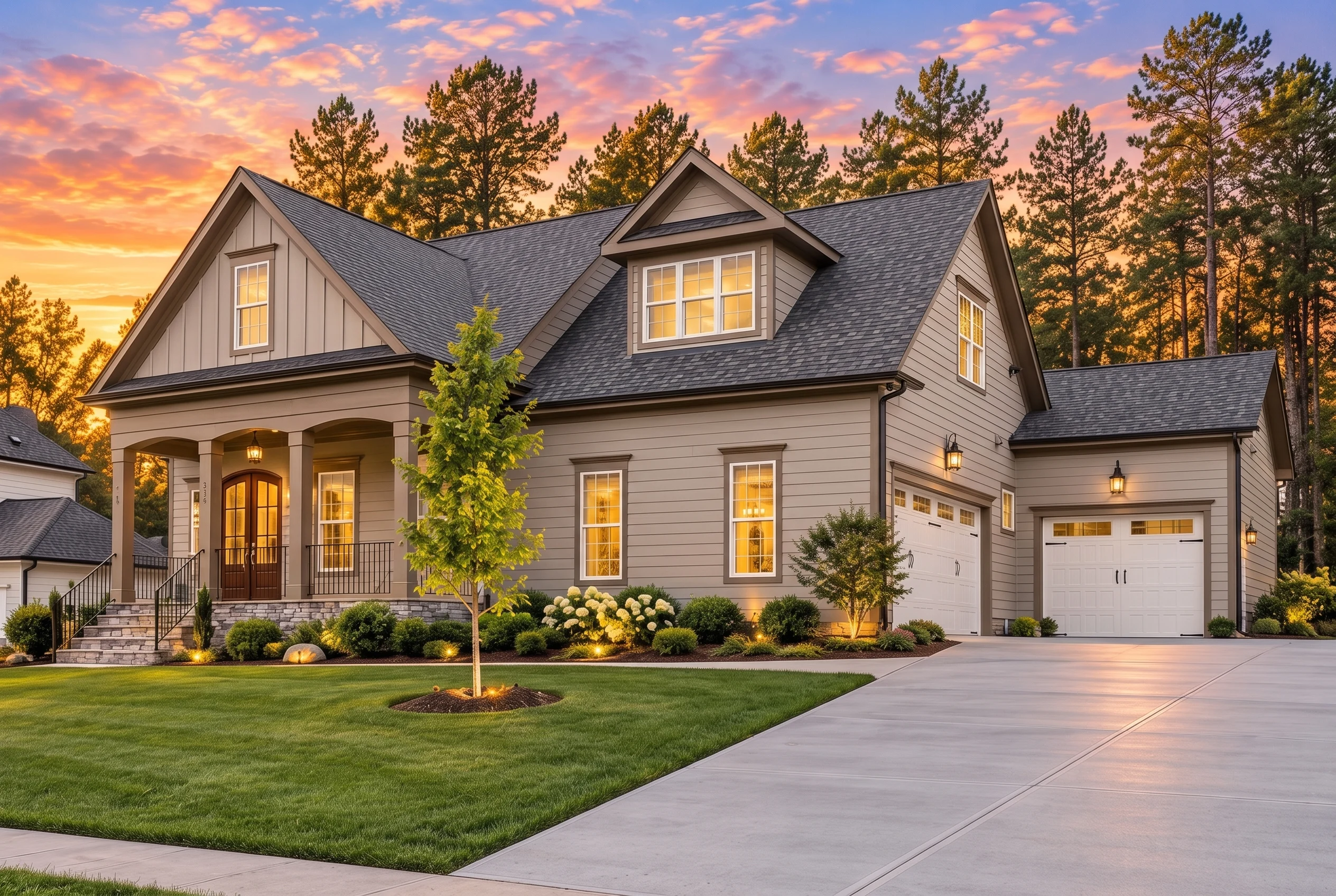 Plan  17-2076 – Torres Ridge | New  American – 4-Bed, 4-Bath, 3,064 SF - Mushroom Taupe, AI-generated exterior concept