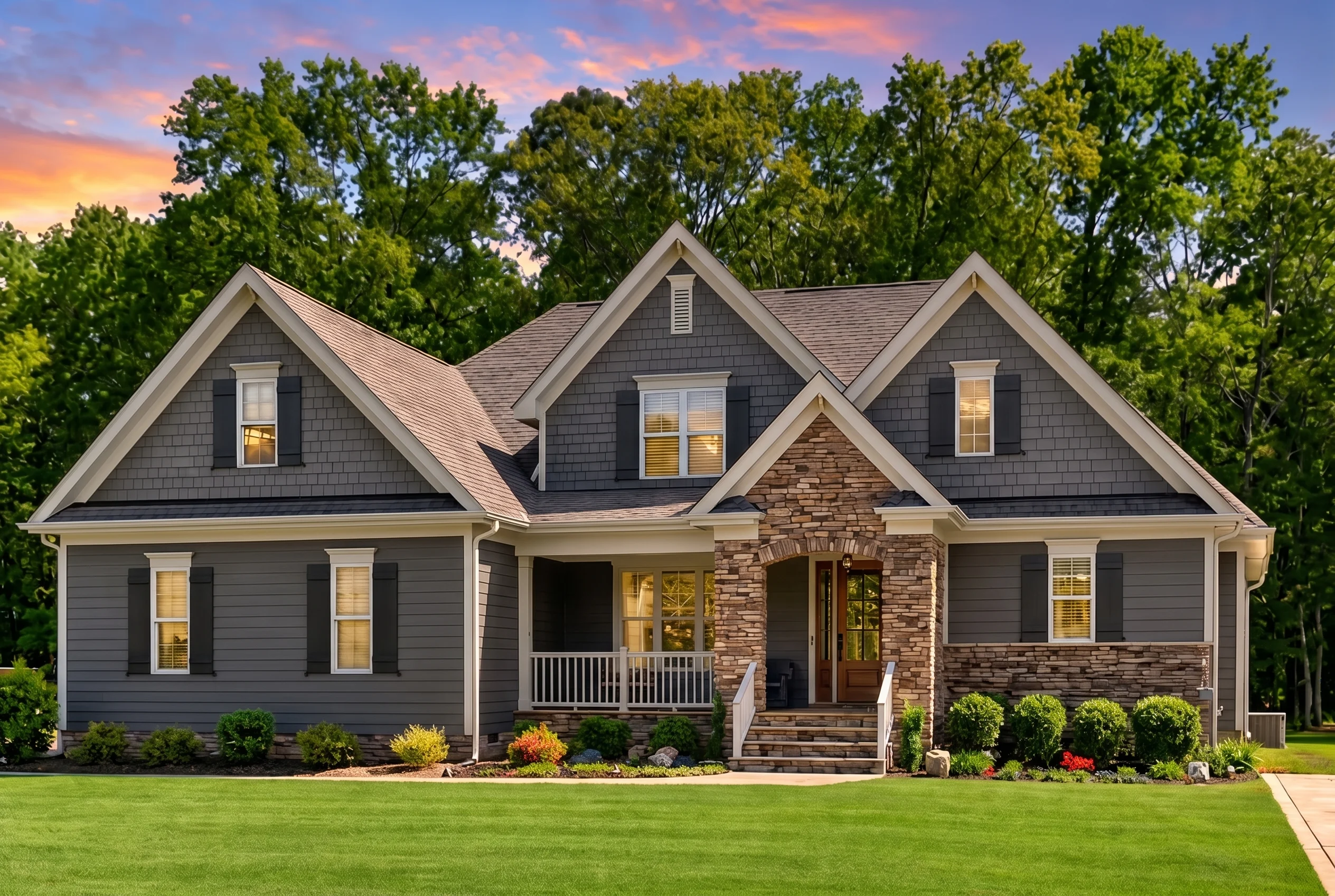 Plan  13-1212 – Birch Springs Estate  | New American – 4-Bed, 3.5-Bath, 2,855 SF - Warm Charcoal, AI-generated exterior concept