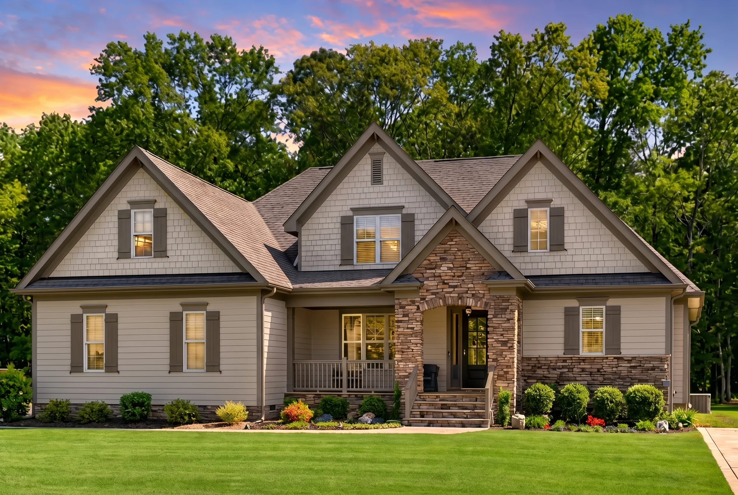 Plan  13-1212 – Birch Springs Estate  | New American – 4-Bed, 3.5-Bath, 2,855 SF - Mushroom Taupe, AI-generated exterior concept