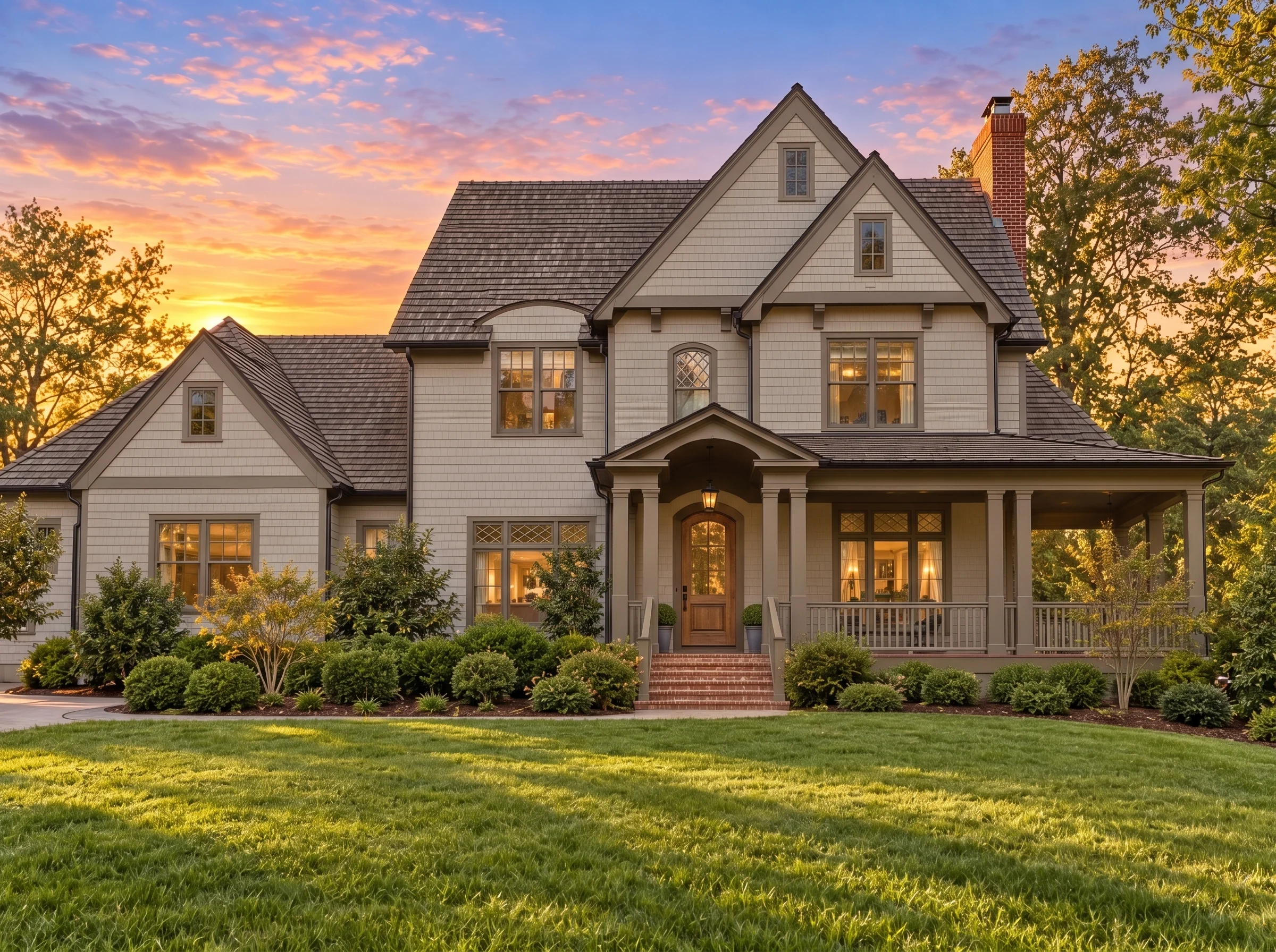 Plan  14-1457 – Pine Ridge Farm |  New American – 5-Bed, 5-Bath, 5,322 SF - Mushroom Taupe, AI-generated exterior concept
