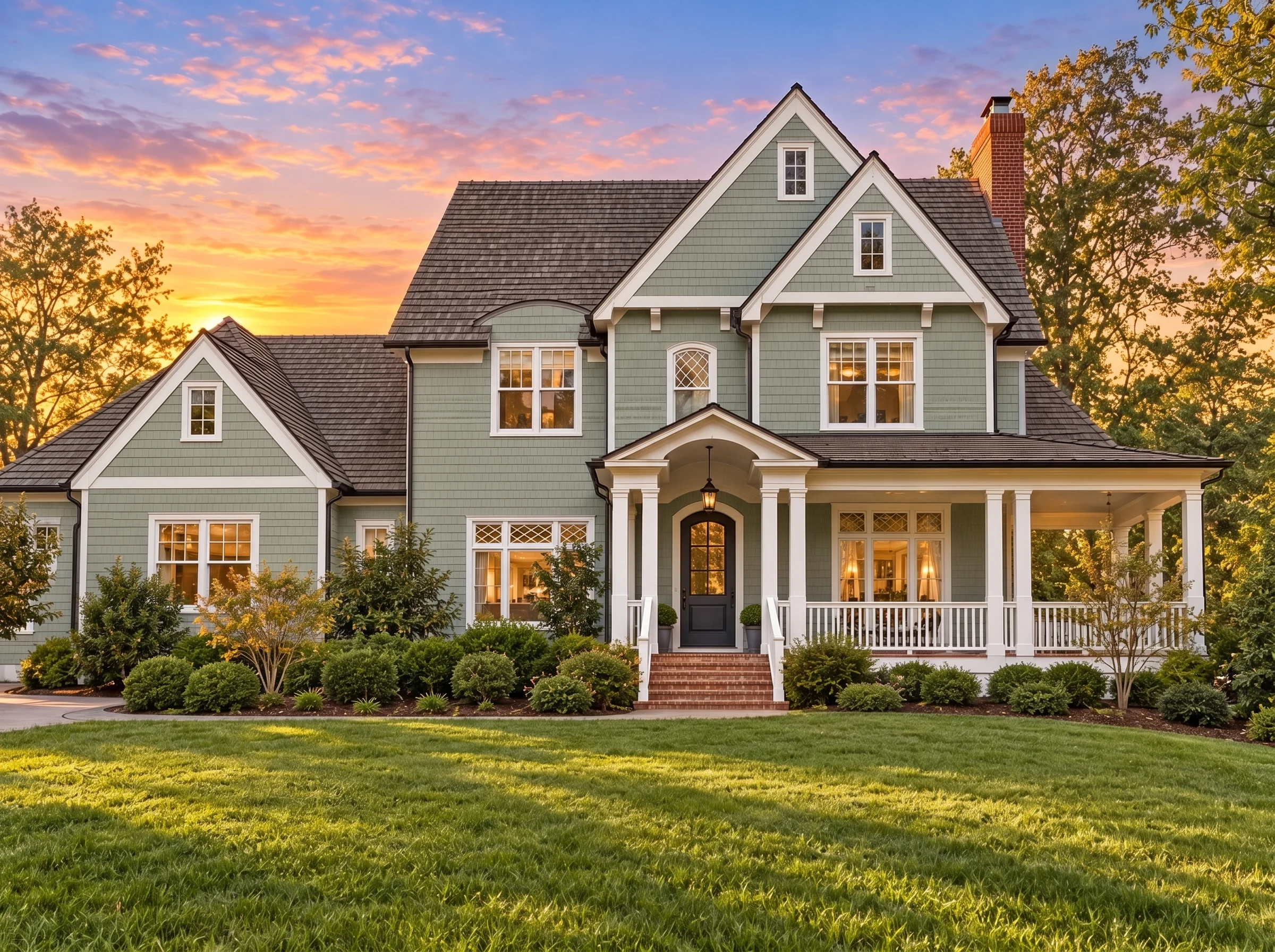 Plan  14-1457 – Pine Ridge Farm |  New American – 5-Bed, 5-Bath, 5,322 SF - Muted Sage, AI-generated exterior concept