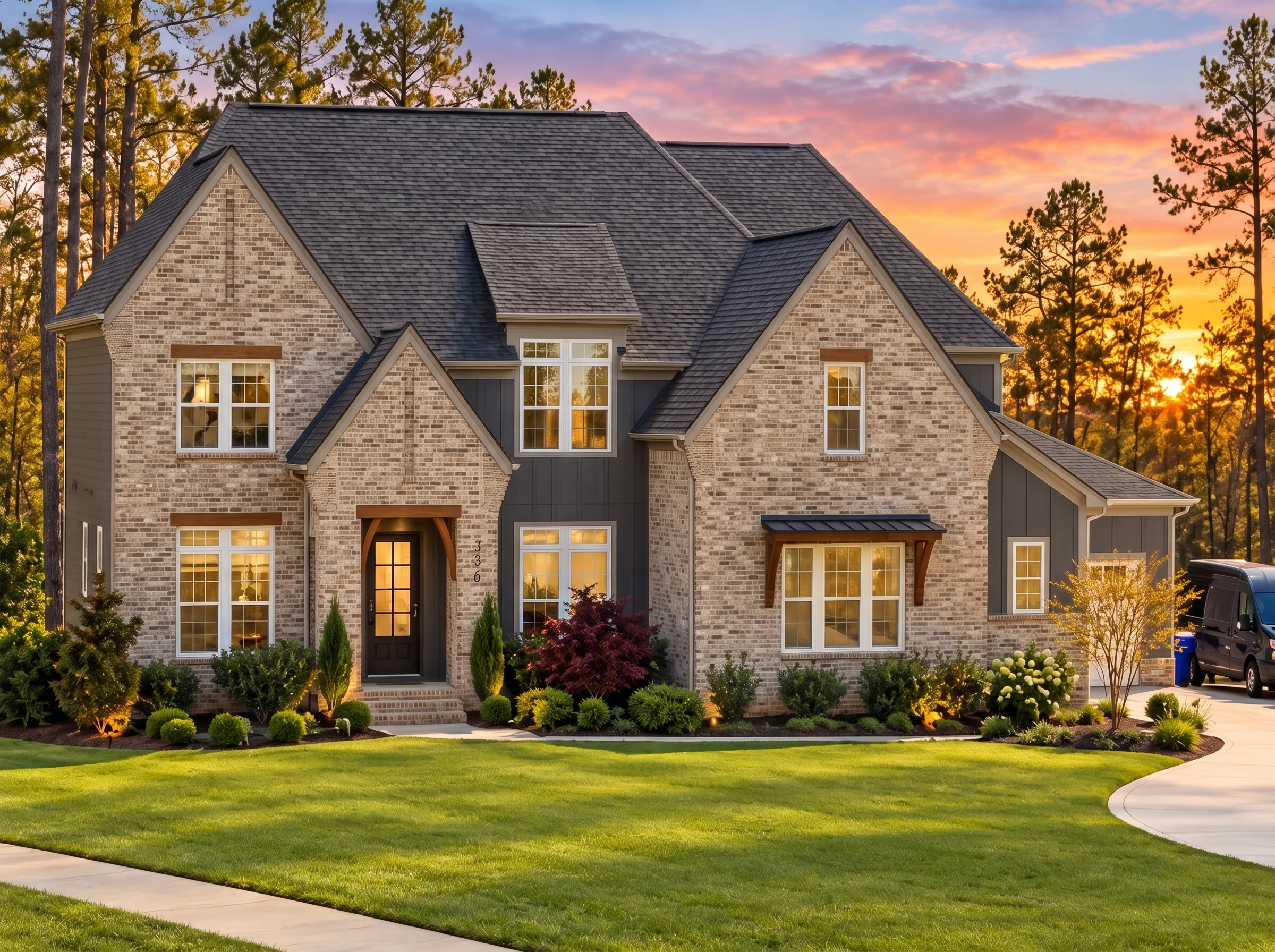 Plan  20-1846C – Foster Meadow | New  American – 5-Bed, 5.5-Bath, 4,515 SF - Natural Brick, AI-generated exterior concept