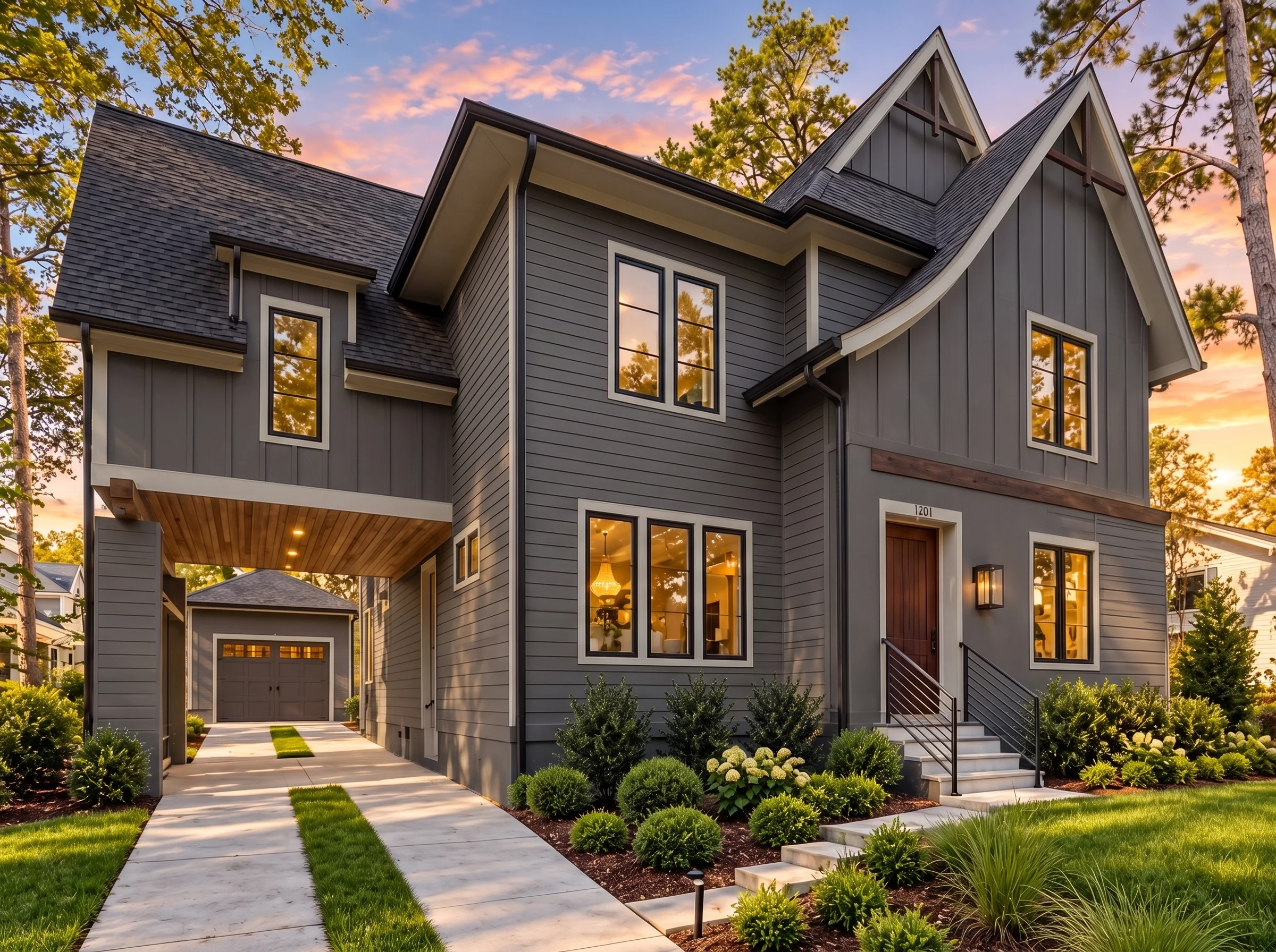 Plan  19-2509 – The Robinson Farmhouse  | Modern Farmhouse – 5-Bed, 4-Bath, 4,448 SF - Warm Charcoal, AI-generated exterior concept