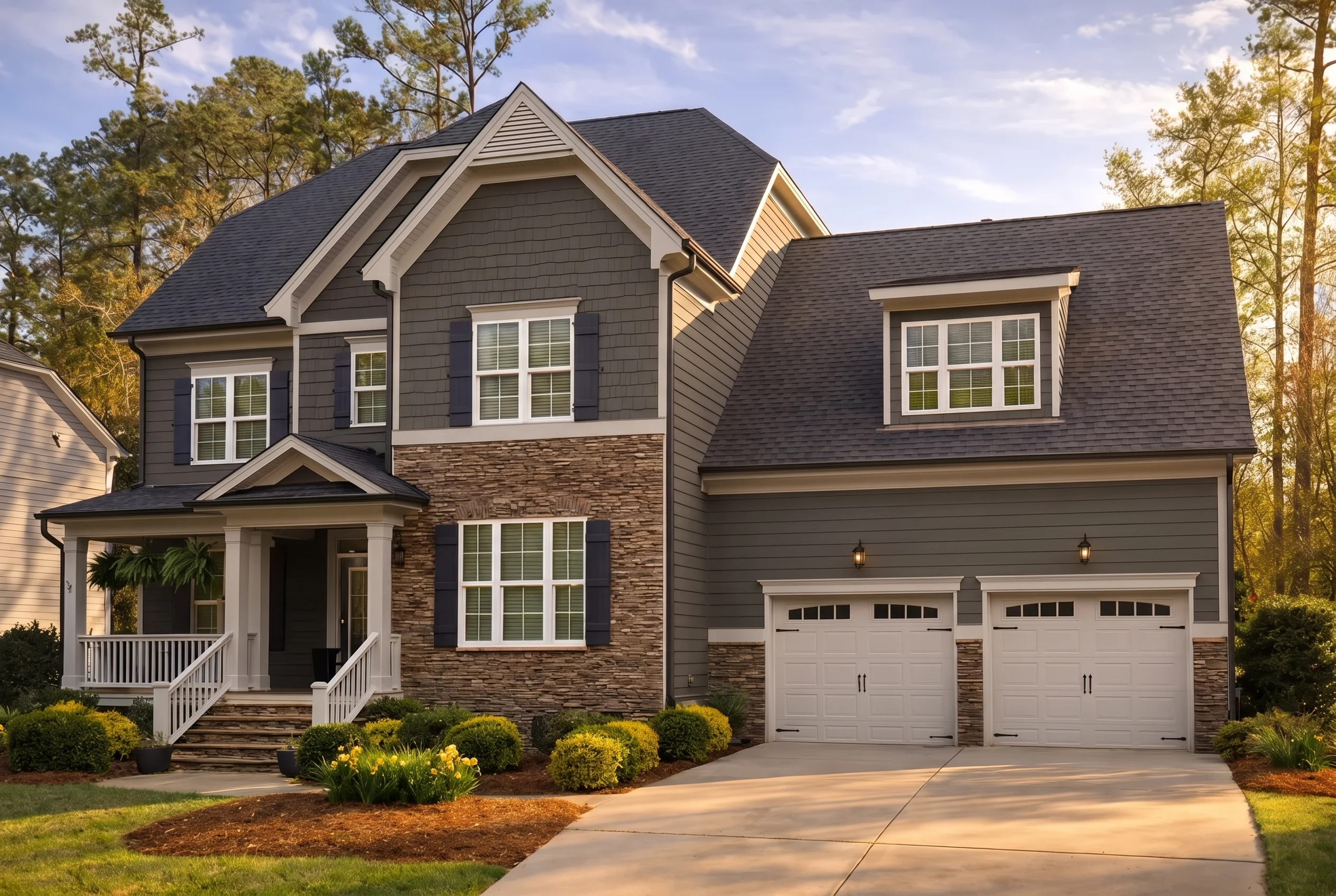 Plan  13-1423 – Cherry Valley Homestead | New American – 5-Bed, 4.5-Bath, 3,443 SF - Warm Charcoal, AI-generated exterior concept
