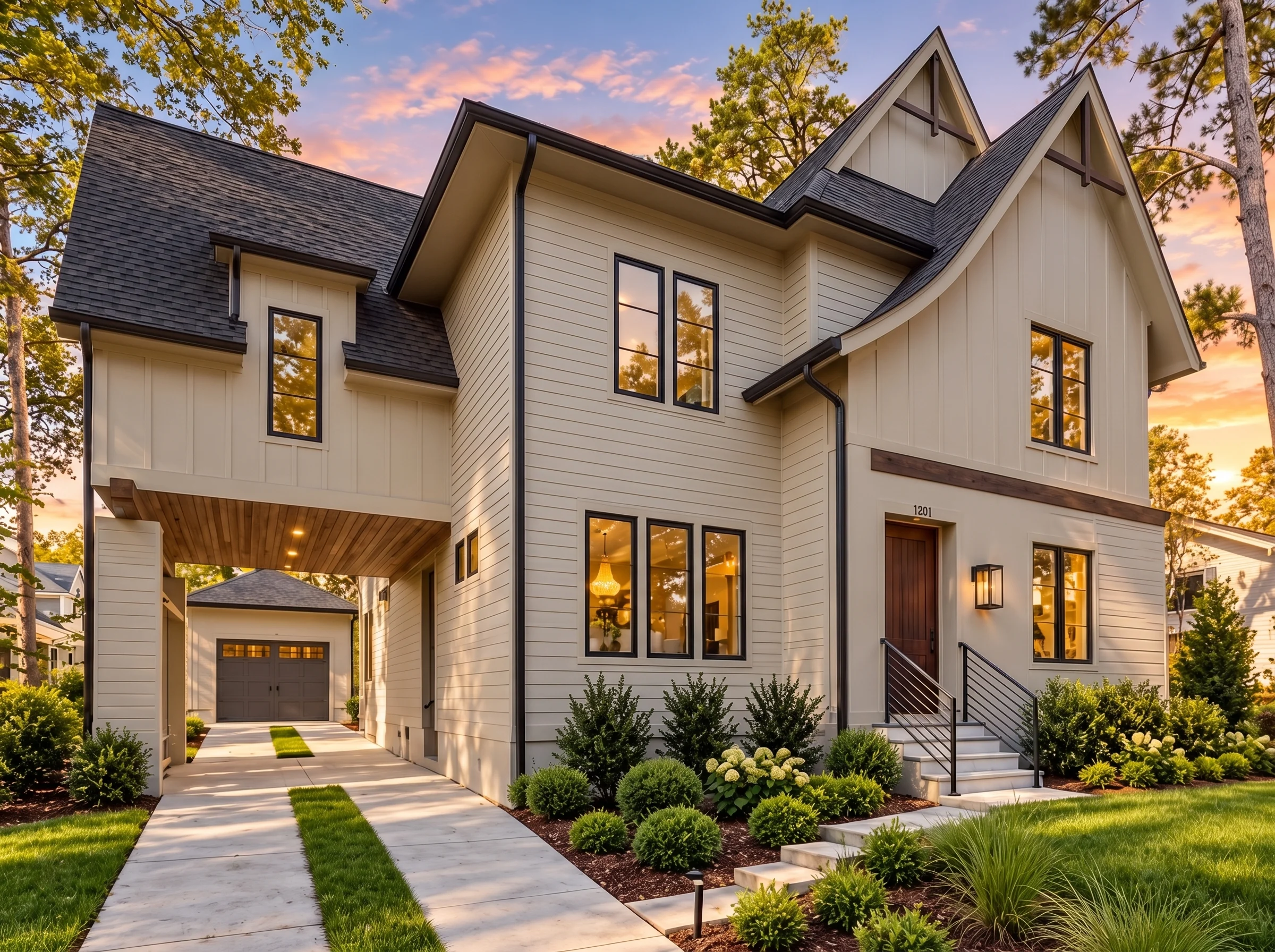 Plan  19-2509 – The Robinson Farmhouse  | Modern Farmhouse – 5-Bed, 4-Bath, 4,448 SF - Mushroom Taupe, AI-generated exterior concept