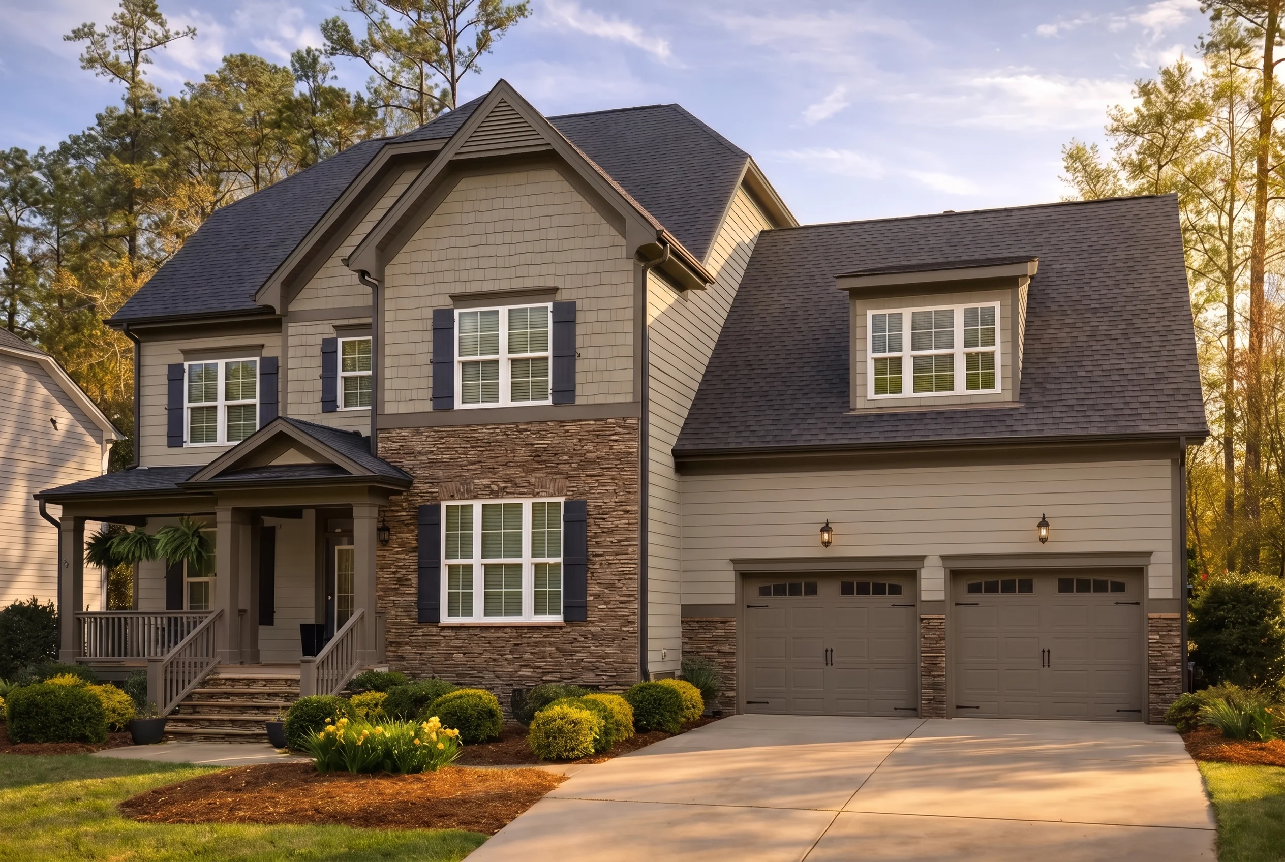 Plan  13-1423 – Cherry Valley Homestead | New American – 5-Bed, 4.5-Bath, 3,443 SF - Mushroom Taupe, AI-generated exterior concept