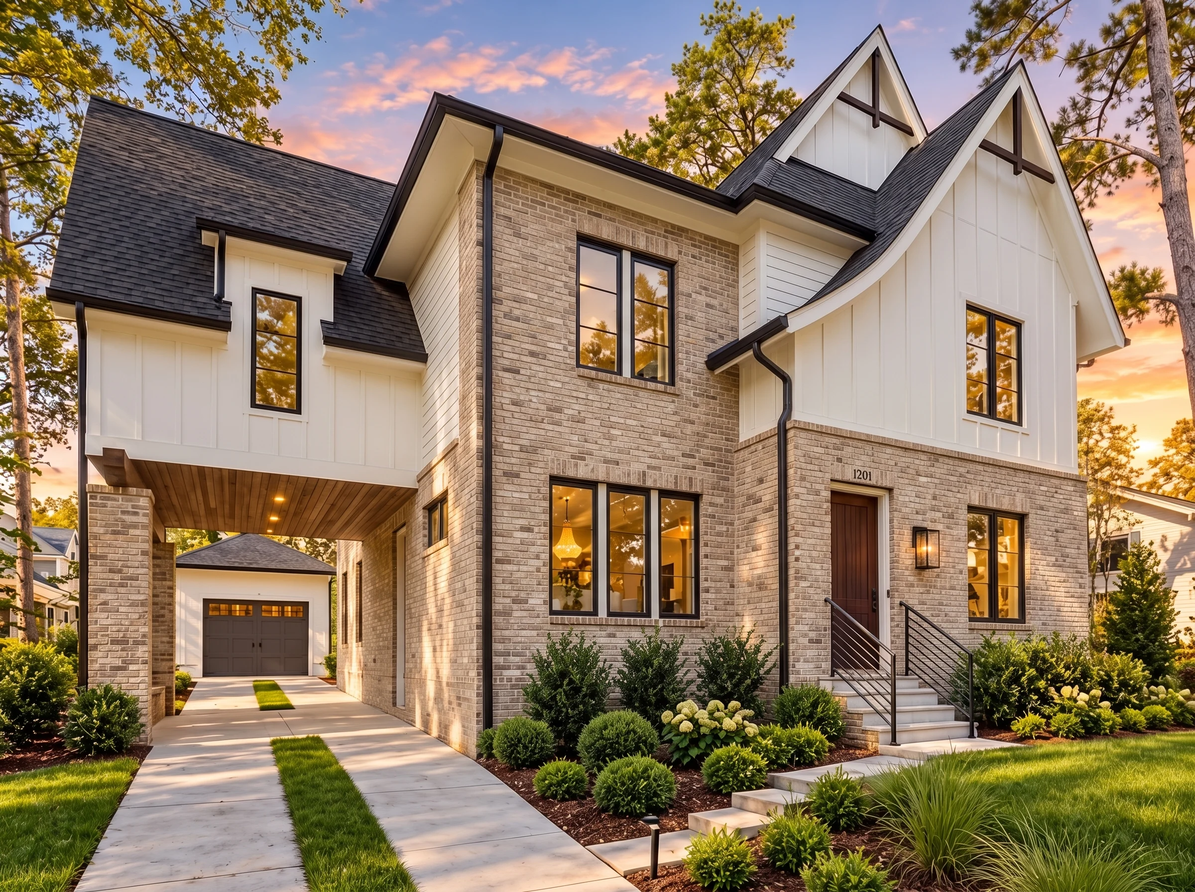 Plan  19-2509 – The Robinson Farmhouse  | Modern Farmhouse – 5-Bed, 4-Bath, 4,448 SF - Natural Brick, AI-generated exterior concept