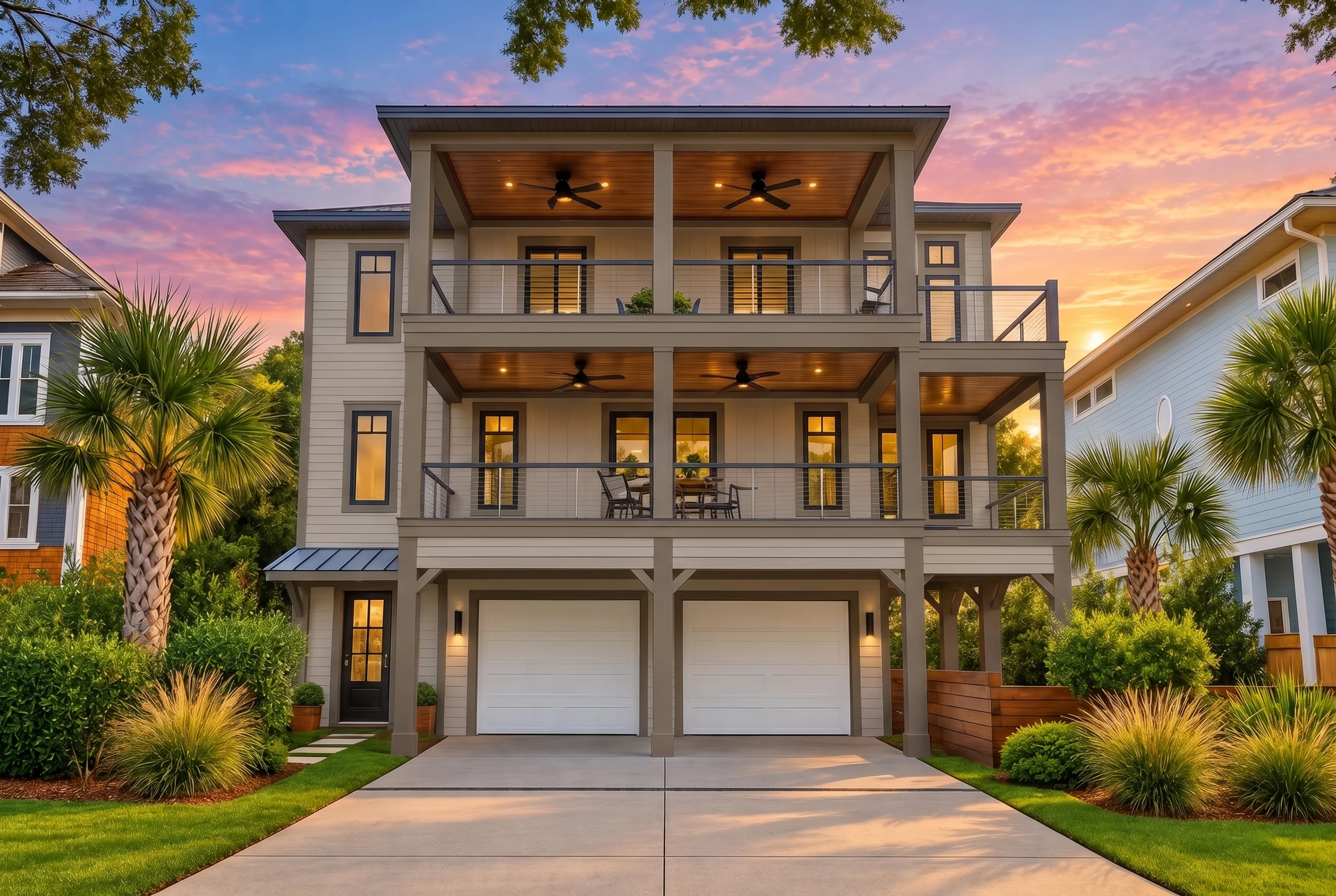 Plan  16-1770 – The Flores House |  Coastal – 4-Bed, 4-Bath, 3,315 SF - Mushroom Taupe, AI-generated exterior concept