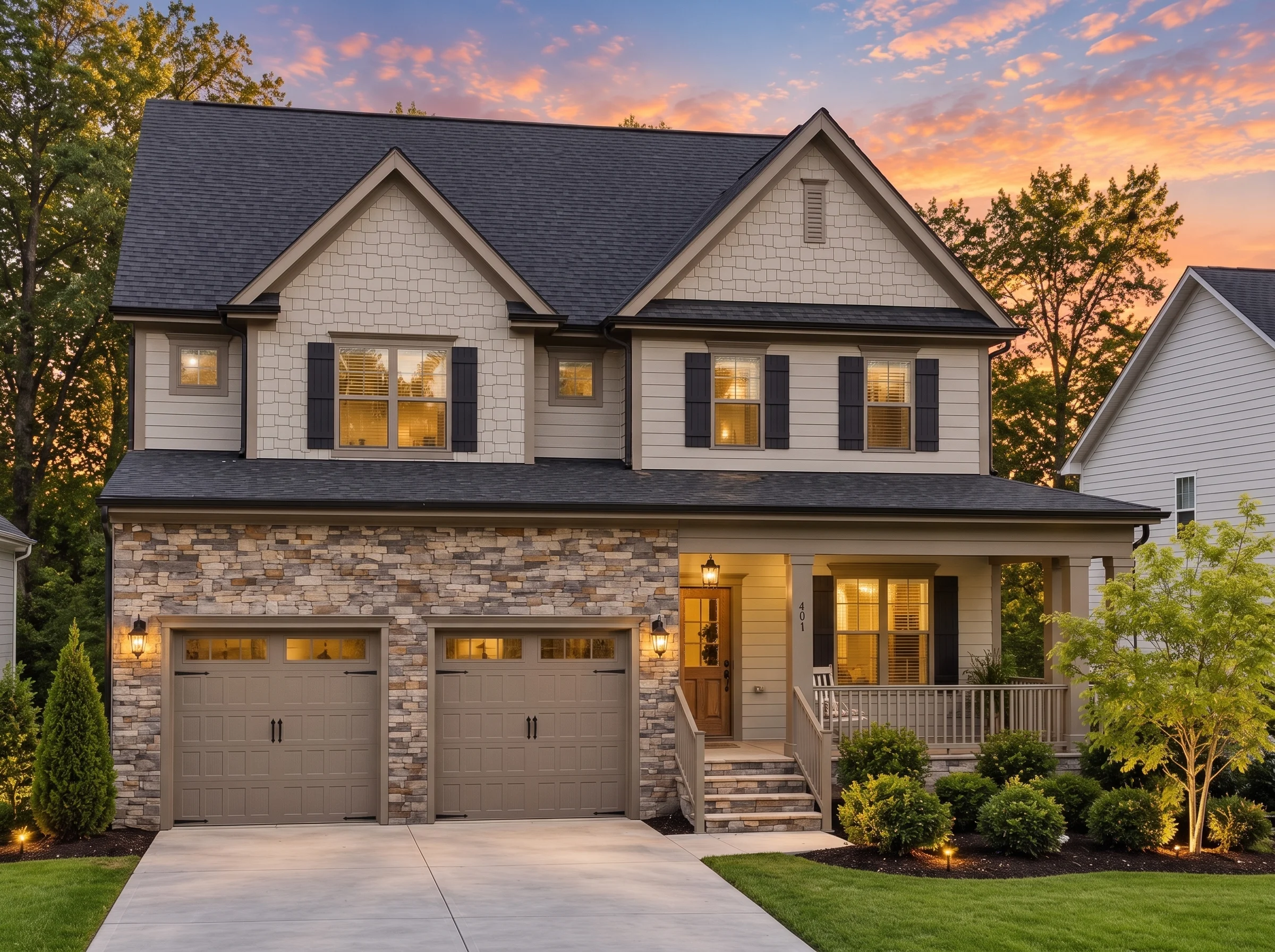 Plan  18-1892 – Clark Walk | New  American – 5-Bed, 3.5-Bath, 3,310 SF - Mushroom Taupe, AI-generated exterior concept