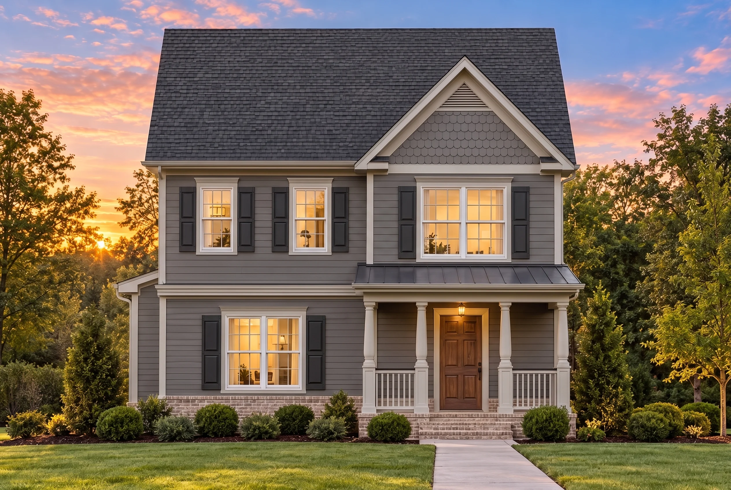 Plan  8-1145 – The Evans Estate |  Traditional Colonial – 3-Bed, 2.5-Bath, 1,374 SF - Warm Charcoal, AI-generated exterior concept