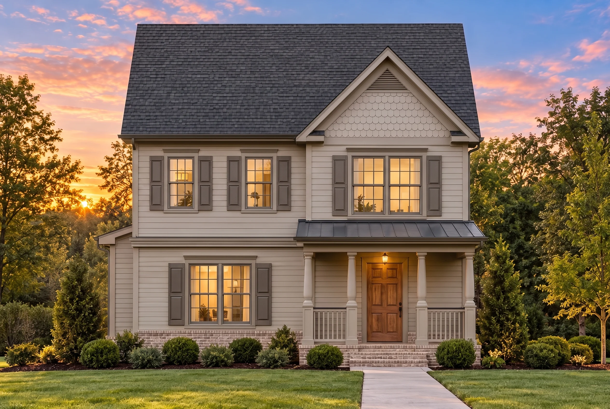 Plan  8-1145 – The Evans Estate |  Traditional Colonial – 3-Bed, 2.5-Bath, 1,374 SF - Mushroom Taupe, AI-generated exterior concept