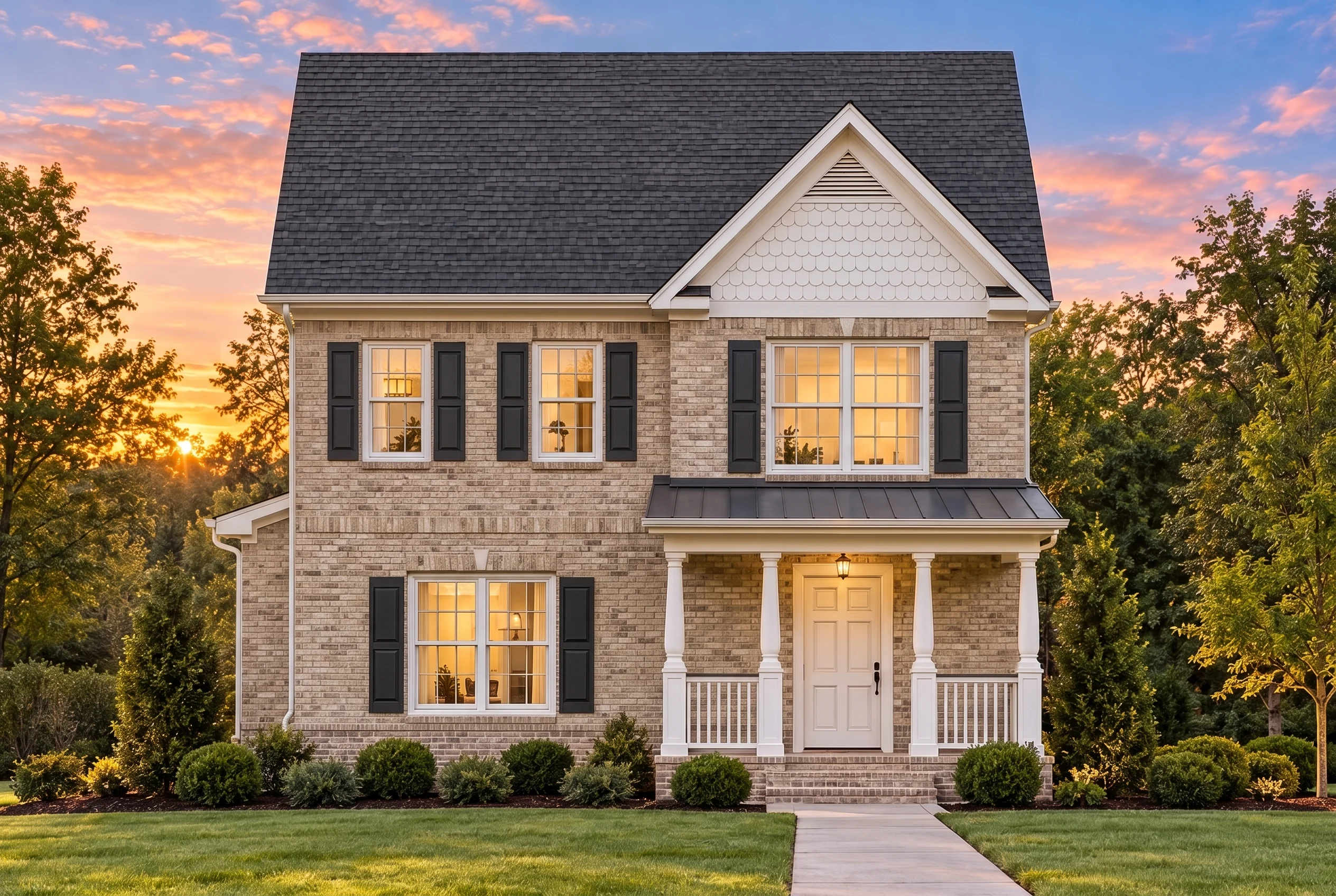 Plan  8-1145 – The Evans Estate |  Traditional Colonial – 3-Bed, 2.5-Bath, 1,374 SF - Natural Brick, AI-generated exterior concept