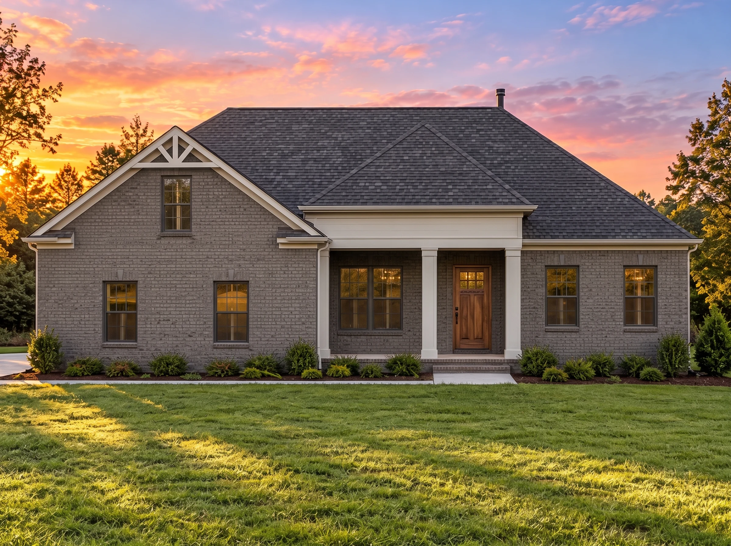 Plan  13-1955 – Beechwood Hill Residence | Traditional Ranch – 4-Bed, 3-Bath, 2,046 SF - Warm Charcoal, AI-generated exterior concept