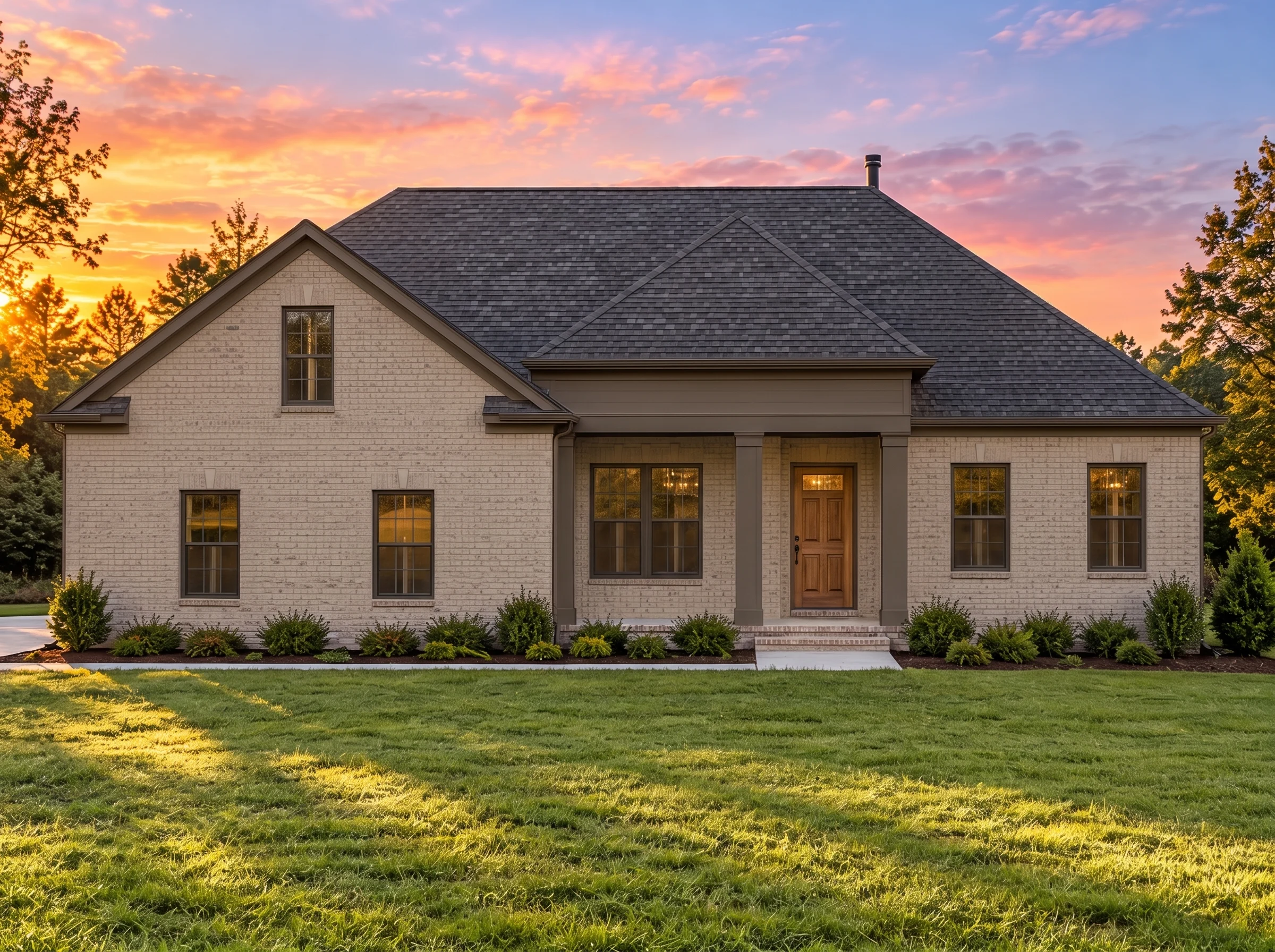 Plan  13-1955 – Beechwood Hill Residence | Traditional Ranch – 4-Bed, 3-Bath, 2,046 SF - Mushroom Taupe, AI-generated exterior concept