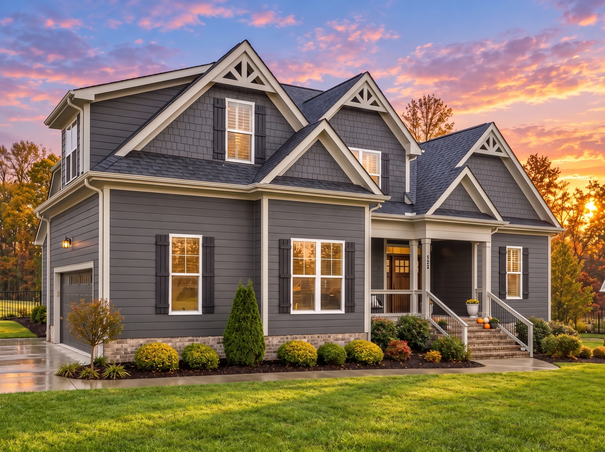 Plan  20-1020 – The Rodriguez Estate  | Modern Farmhouse – 4-Bed, 2.5-Bath, 2,947 SF - Warm Charcoal, AI-generated exterior concept
