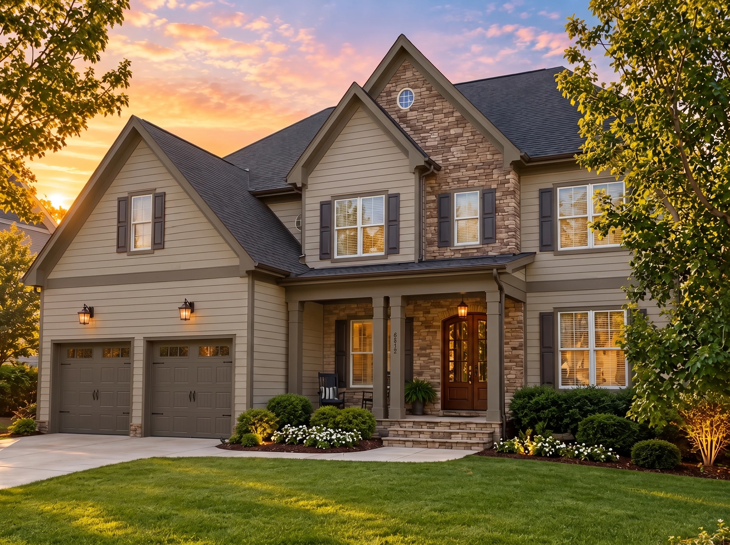 Plan  11-1749 – Fern Meadow Estate |  New American – 5-Bed, 4-Bath, 3,759 SF - Mushroom Taupe, AI-generated exterior concept