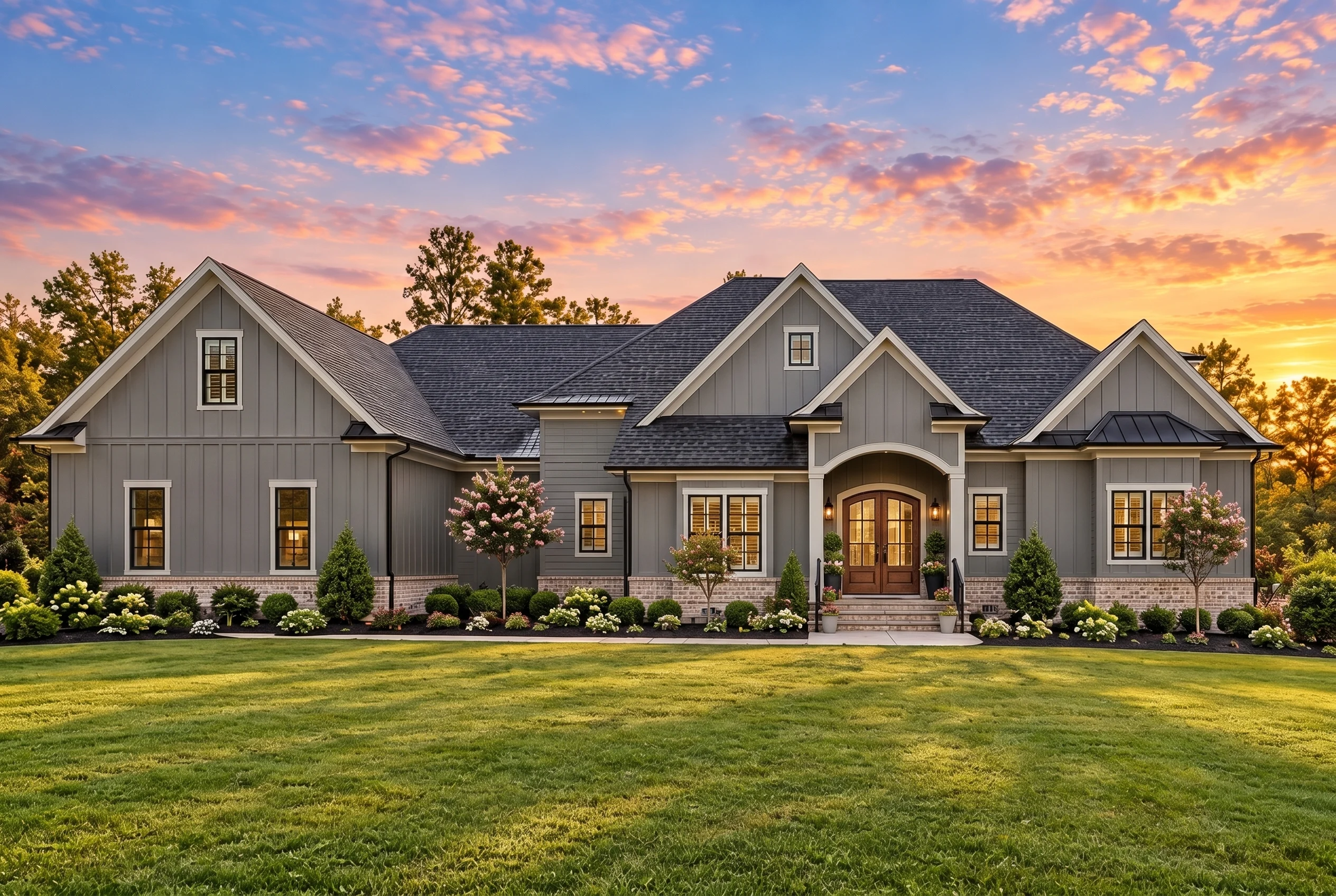 Plan  18-2219 – The Adams Farmhouse  | Modern Farmhouse – 4-Bed, 4-Bath, 4,868 SF - Warm Charcoal, AI-generated exterior concept