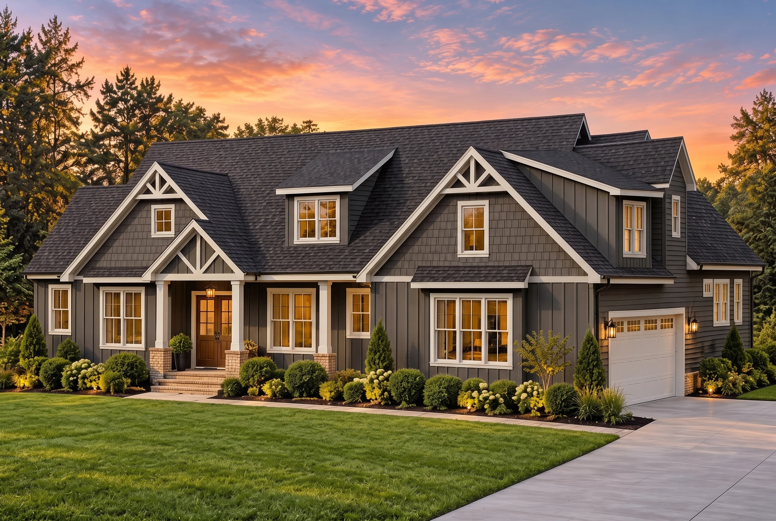 Plan  19-1868 – Jenkins Crossing |  Craftsman Ranch – 3-Bed, 3-Bath, 2,494 SF - Warm Charcoal, AI-generated exterior concept