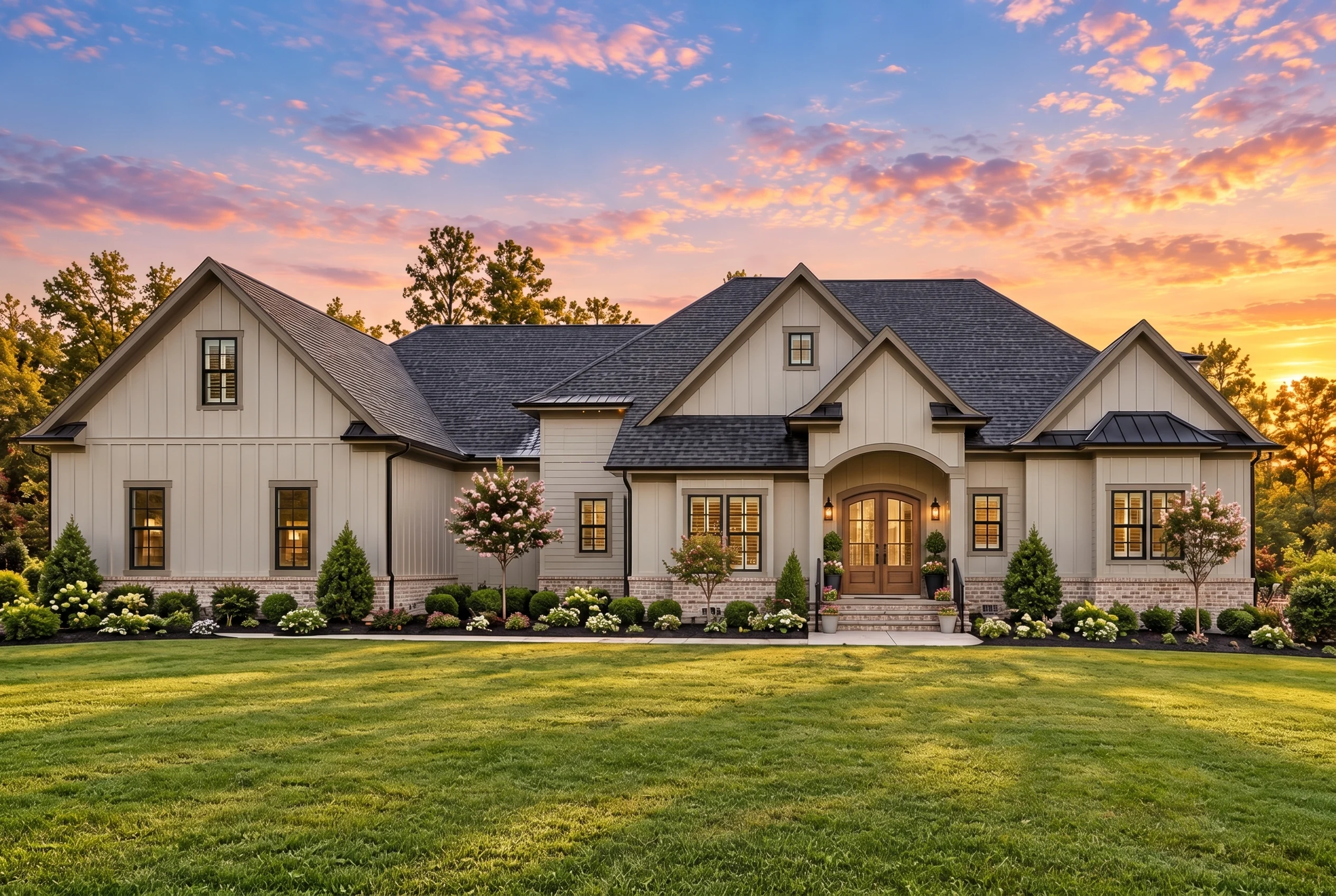 Plan  18-2219 – The Adams Farmhouse  | Modern Farmhouse – 4-Bed, 4-Bath, 4,868 SF - Mushroom Taupe, AI-generated exterior concept
