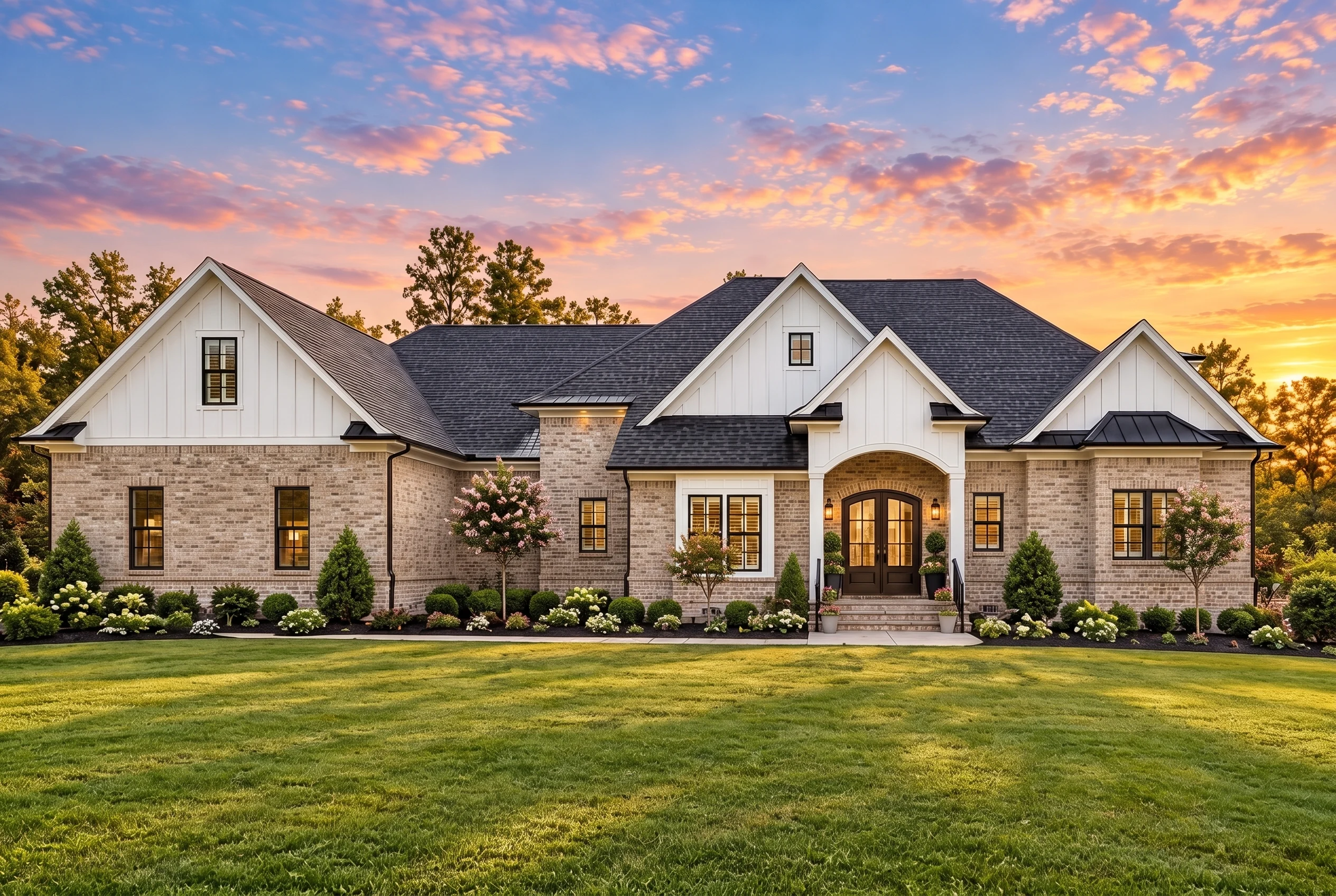 Plan  18-2219 – The Adams Farmhouse  | Modern Farmhouse – 4-Bed, 4-Bath, 4,868 SF - Natural Brick, AI-generated exterior concept