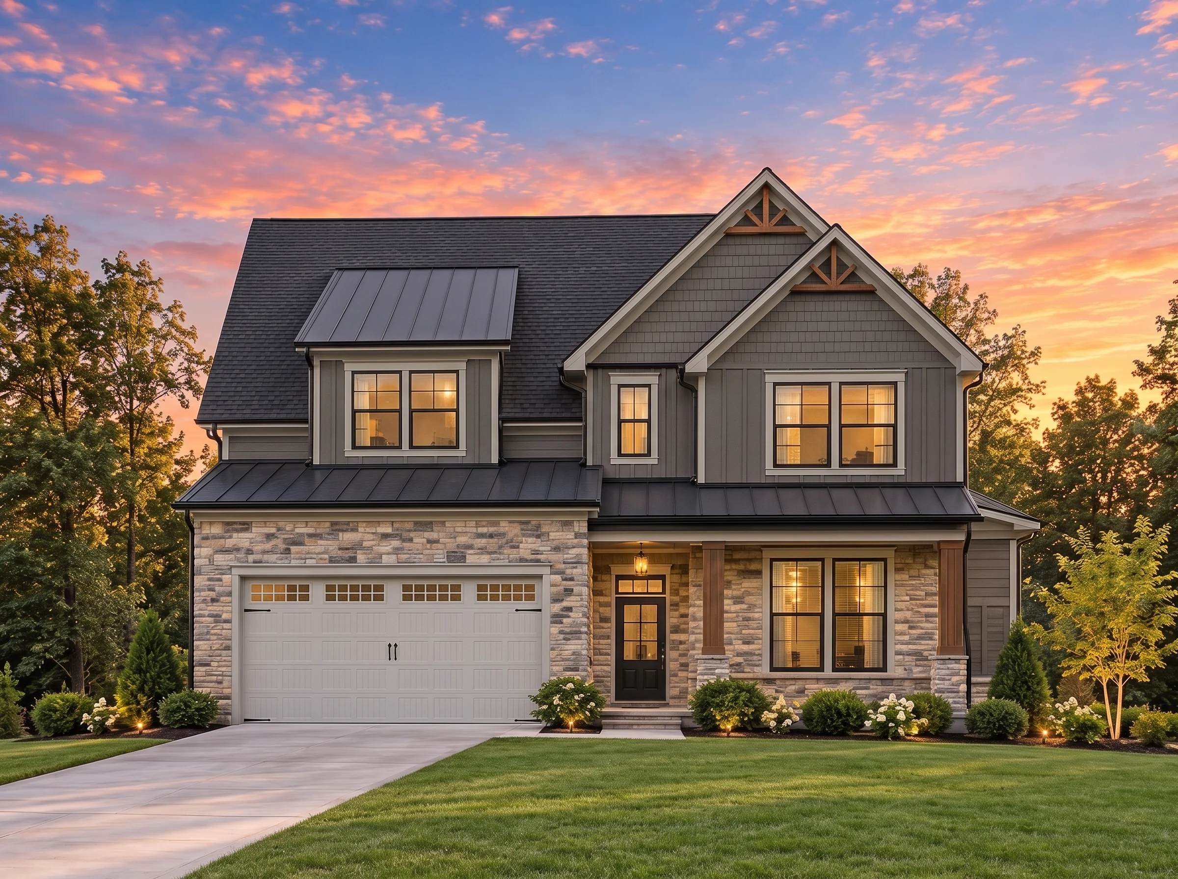 Plan  18-1997 – The Lee Estate |  Traditional Colonial – 4-Bed, 2.5-Bath, 2,481 SF - Warm Charcoal, AI-generated exterior concept