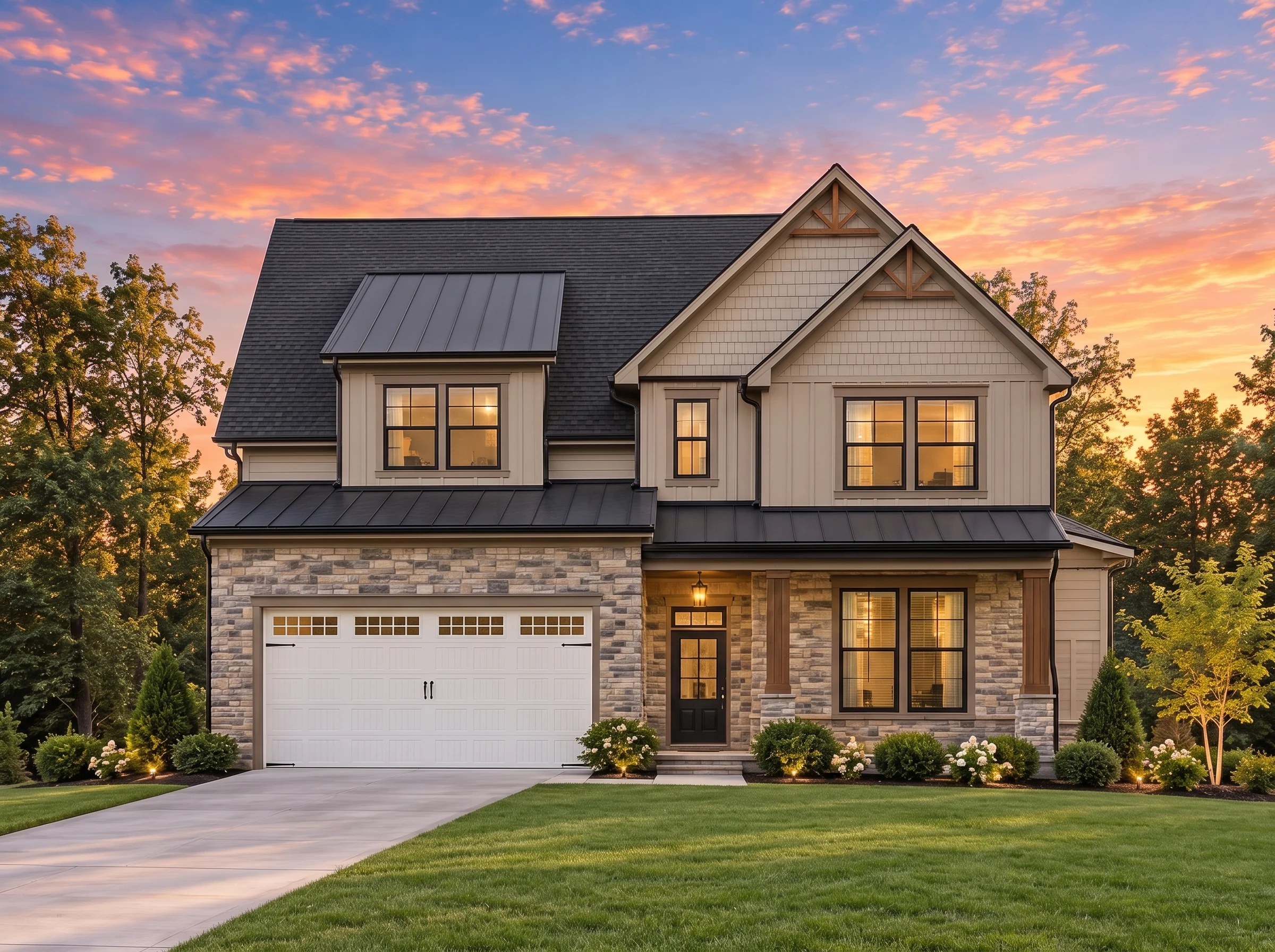 Plan  18-1997 – The Lee Estate |  Traditional Colonial – 4-Bed, 2.5-Bath, 2,481 SF - Mushroom Taupe, AI-generated exterior concept