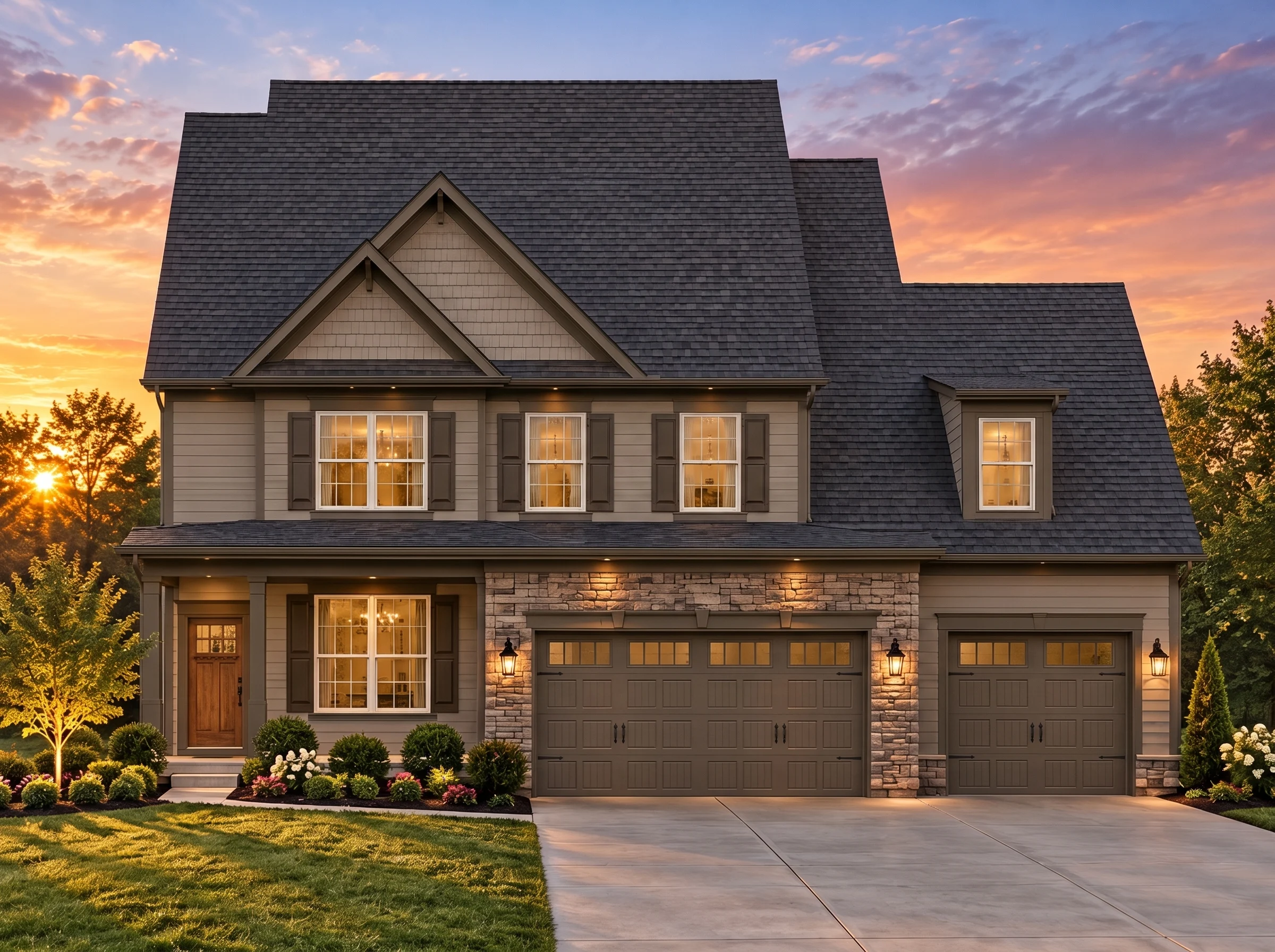 Plan  13-2097 – Sycamore Meadow Farm  | Traditional Colonial – 4-Bed, 3.5-Bath, 2,917 SF - Mushroom Taupe, AI-generated exterior concept