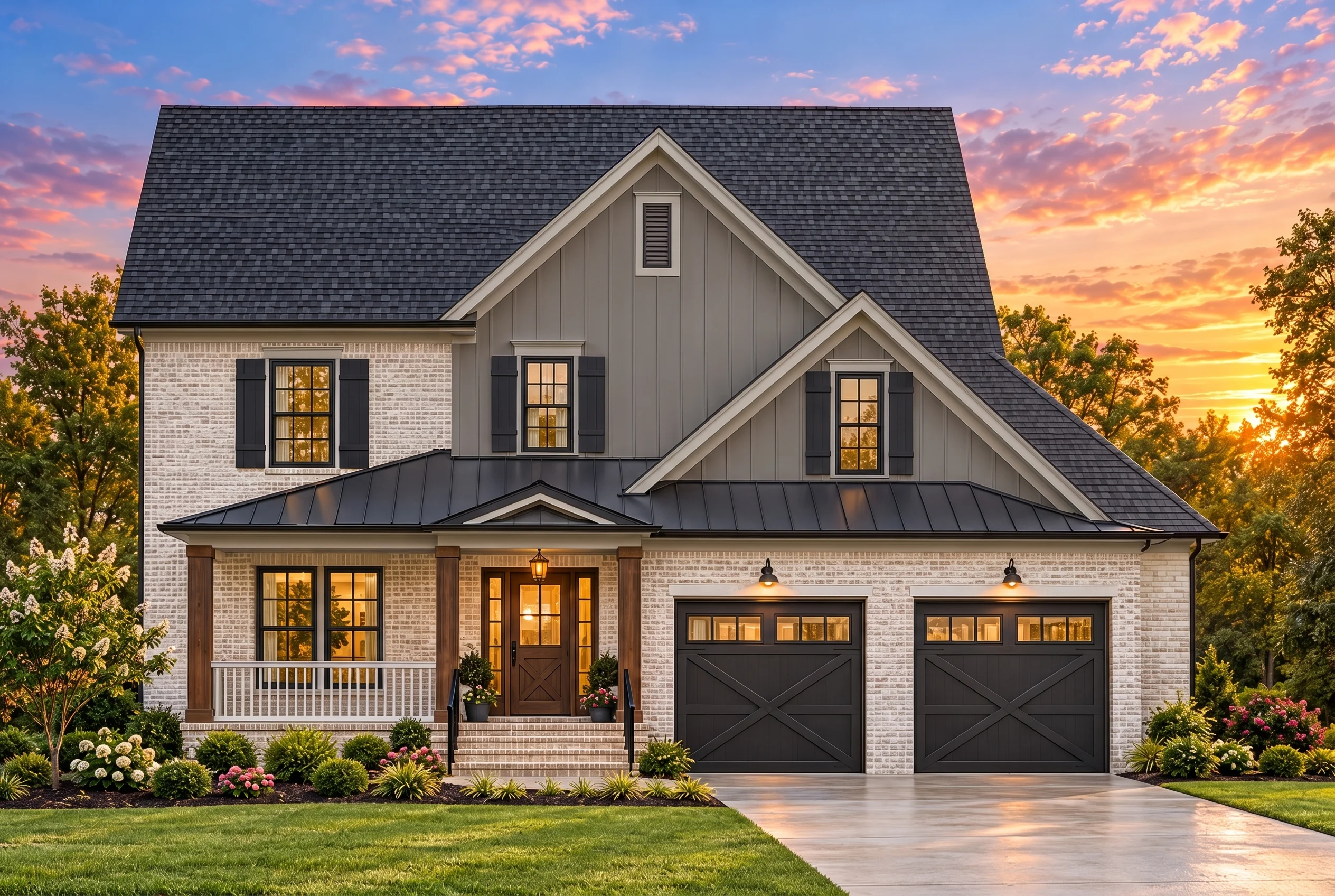 Plan  8-1317 – The Bailey Farmhouse  | New American – 4-Bed, 3.5-Bath, 596 SF - Warm Charcoal, AI-generated exterior concept