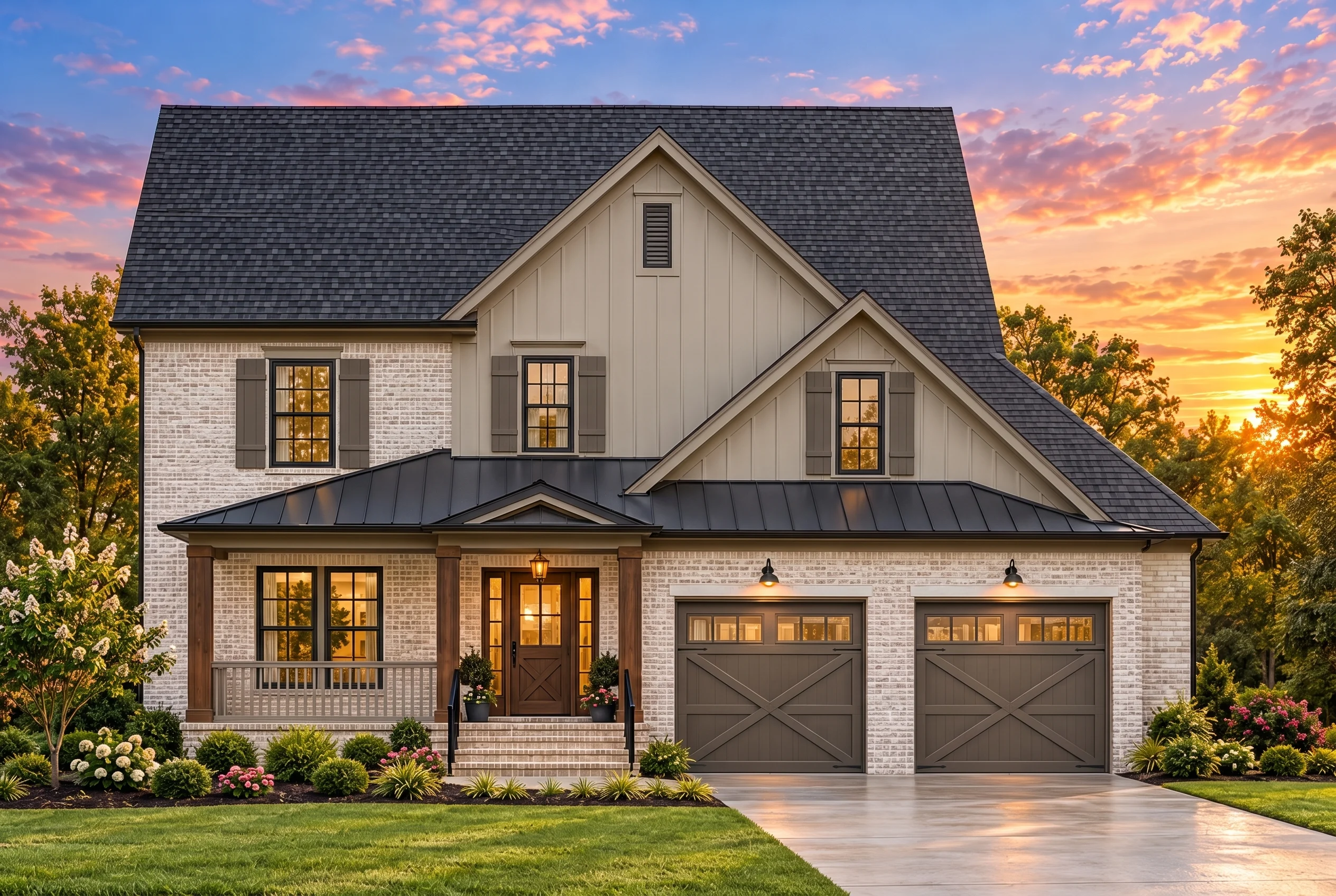 Plan  8-1317 – The Bailey Farmhouse  | New American – 4-Bed, 3.5-Bath, 596 SF - Mushroom Taupe, AI-generated exterior concept