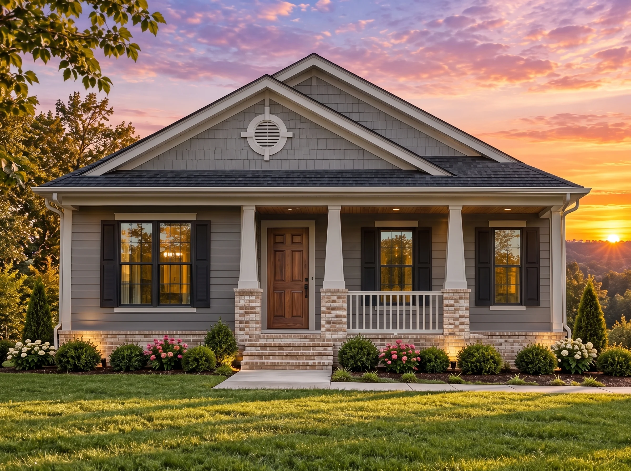 Plan  14-1108 – Hazel Creek Estate |  Traditional Ranch – 4-Bed, 2-Bath, 1,290 SF - Warm Charcoal, AI-generated exterior concept