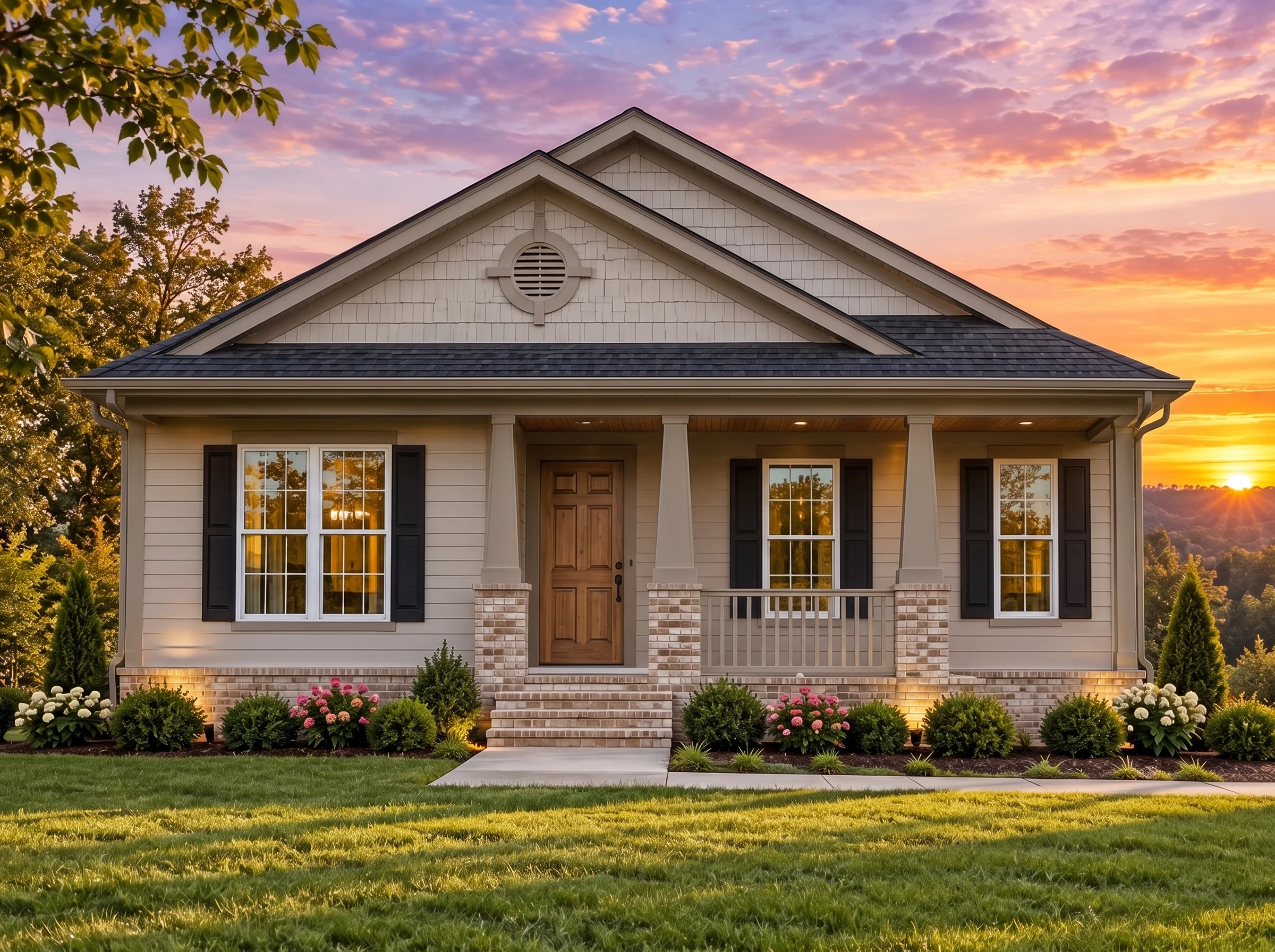Plan  14-1108 – Hazel Creek Estate |  Traditional Ranch – 4-Bed, 2-Bath, 1,290 SF - Mushroom Taupe, AI-generated exterior concept