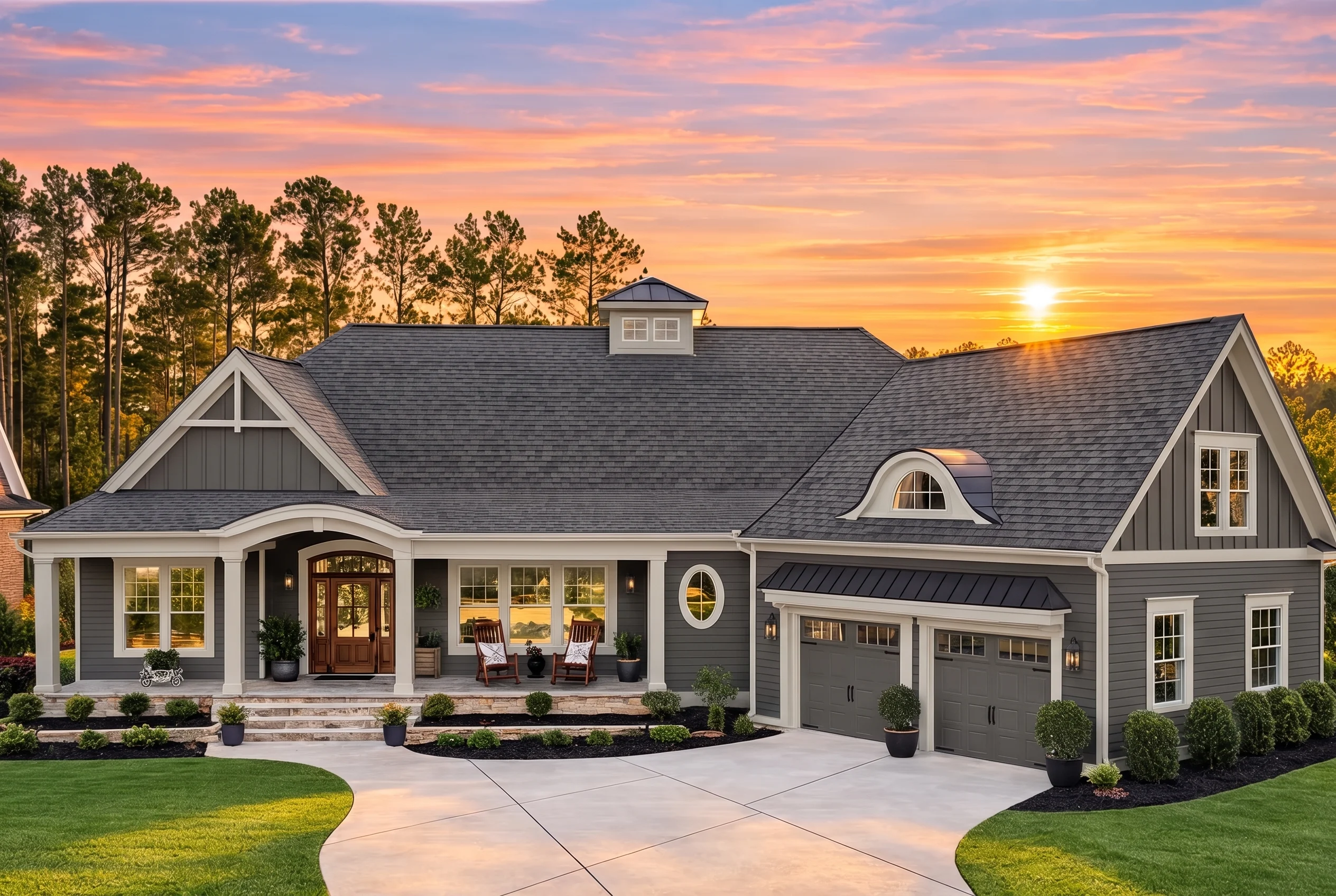 Plan  11-1158 – Elkhorn | New  American – 3-Bed, 3.5-Bath, 3,657 SF - Warm Charcoal, AI-generated exterior concept