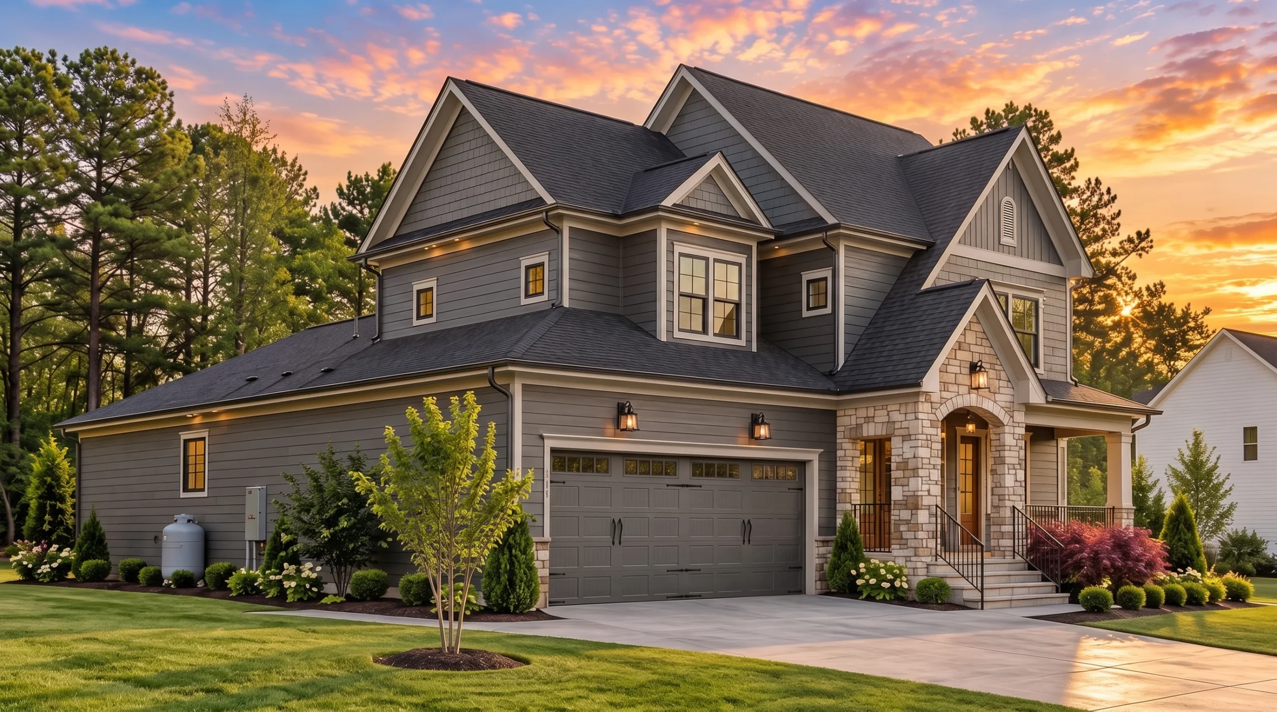 Plan  20-2153 – Clark Meadow | New  American – 4-Bed, 2-Bath, 2,611 SF - Warm Charcoal, AI-generated exterior concept