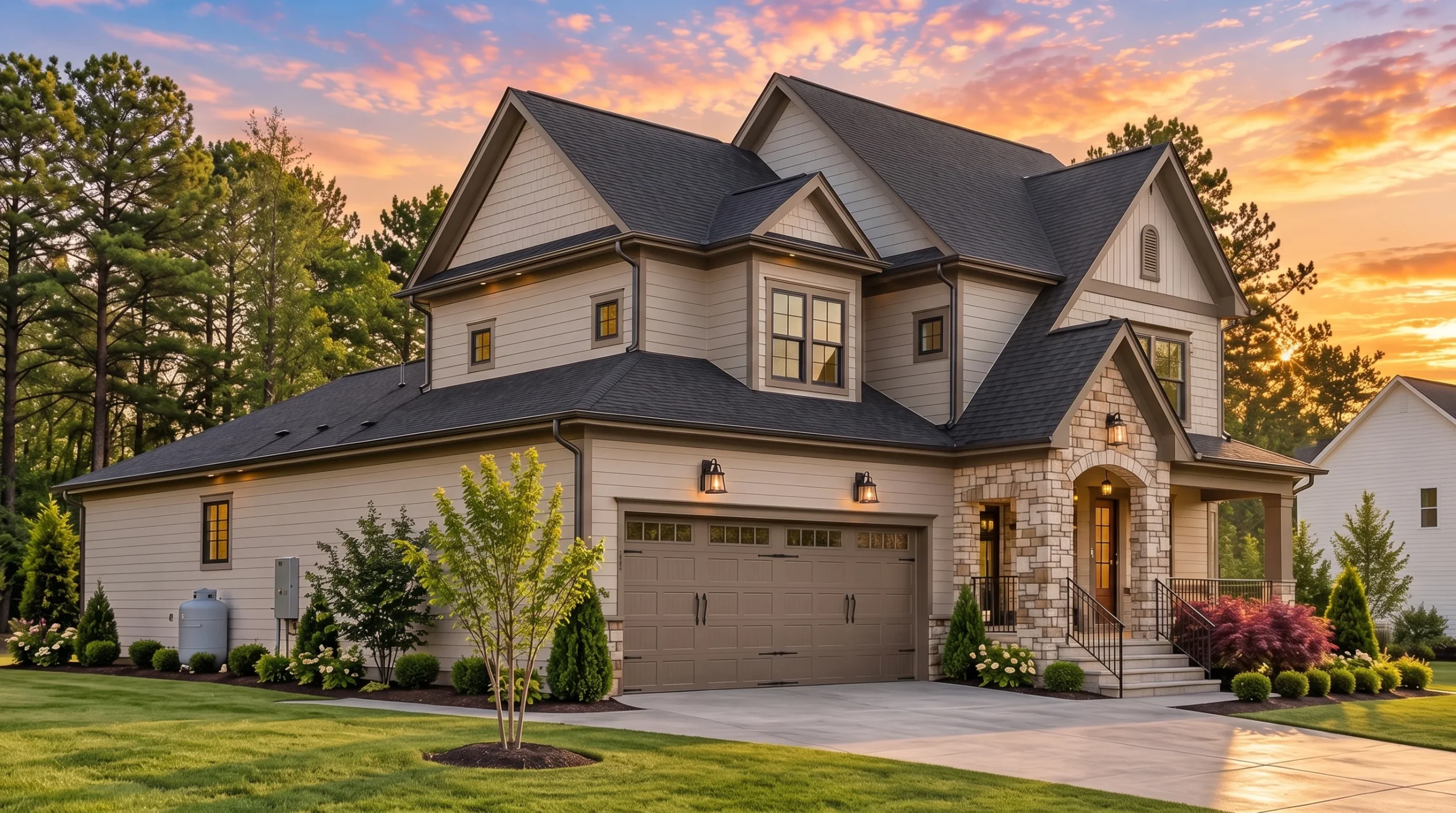 Plan  20-2153 – Clark Meadow | New  American – 4-Bed, 2-Bath, 2,611 SF - Mushroom Taupe, AI-generated exterior concept