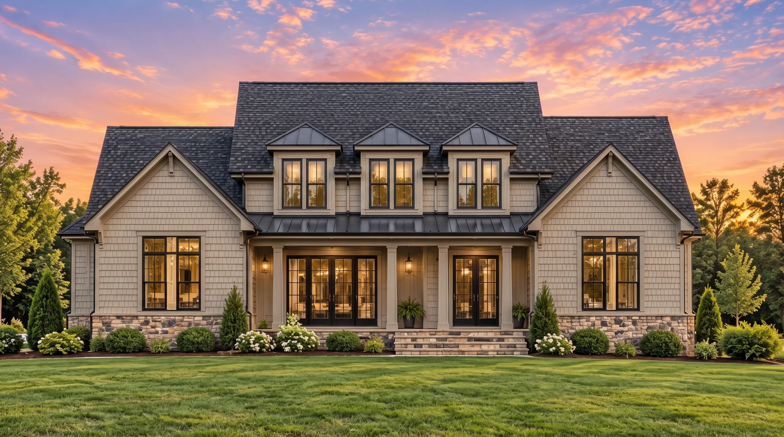 Plan  17-1476 – The Lopez House |  Colonial Revival – 4-Bed, 3.5-Bath, 3,181 SF - Mushroom Taupe, AI-generated exterior concept