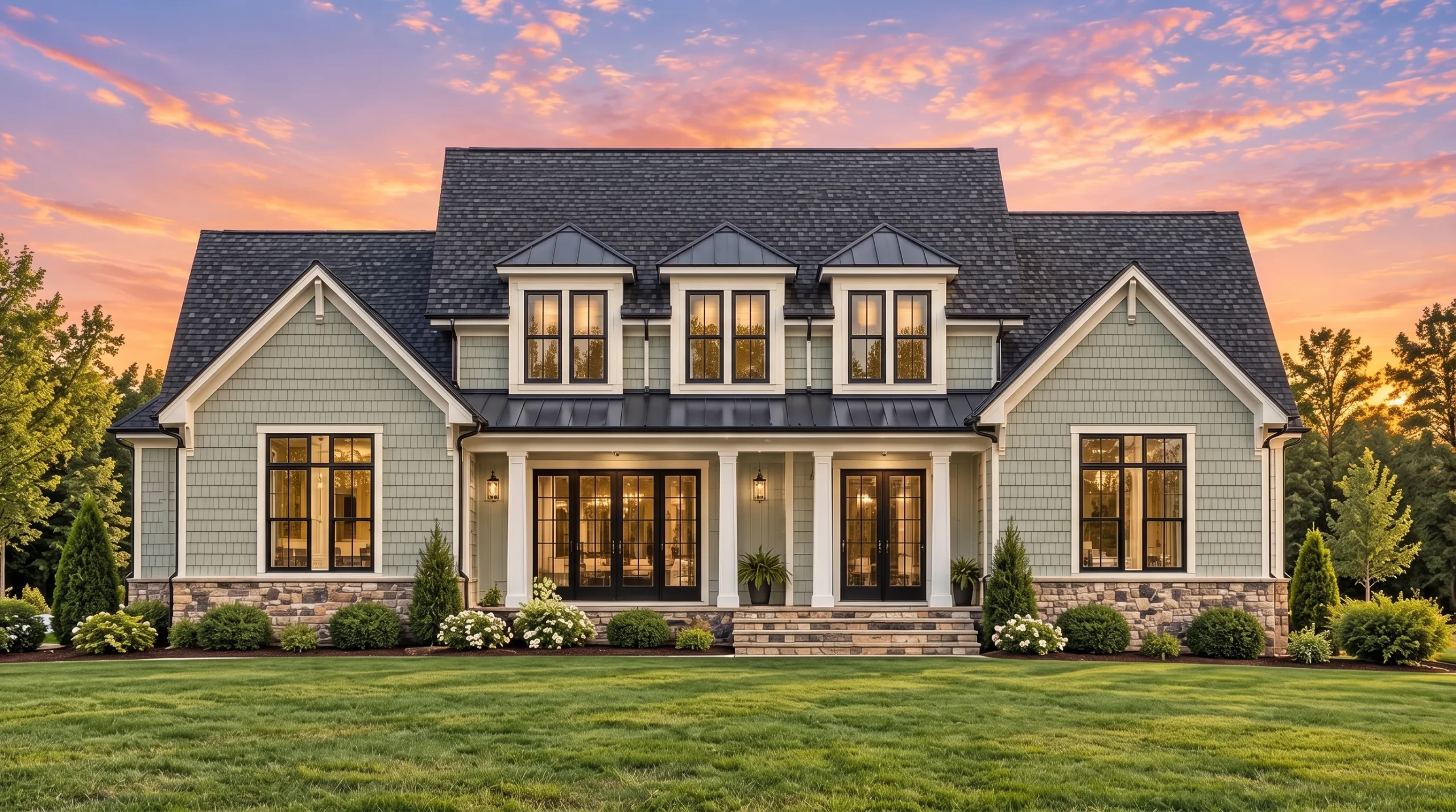 Plan  17-1476 – The Lopez House |  Colonial Revival – 4-Bed, 3.5-Bath, 3,181 SF - Muted Sage, AI-generated exterior concept