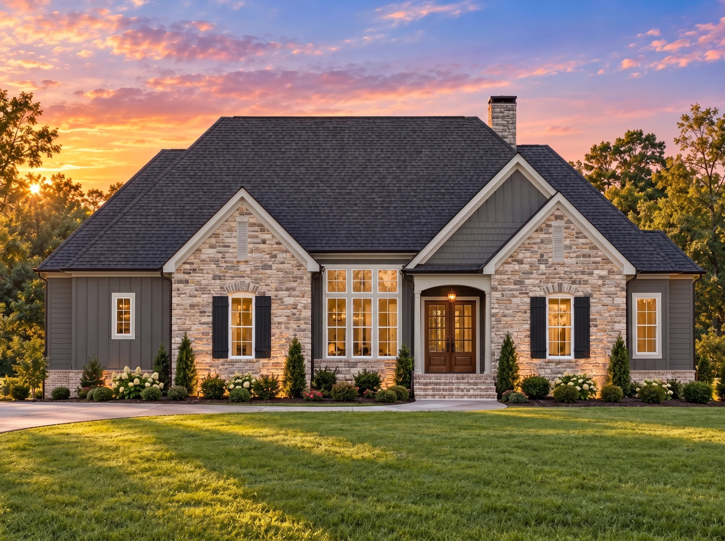 Plan  20-1209 – The Perez House |  Traditional – 4-Bed, 3.5-Bath, 3,431 SF - Warm Charcoal, AI-generated exterior concept