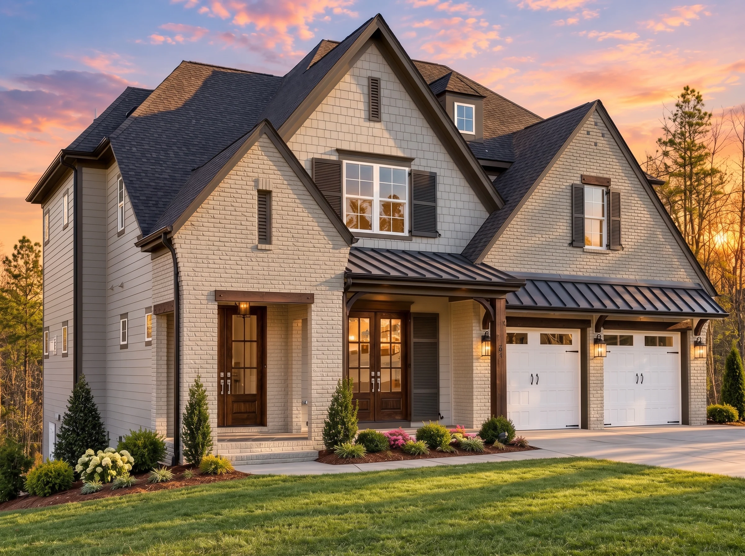 Plan  18-1689 – The White Manor |  New American – 4-Bed, 3.5-Bath, 3,223 SF - Mushroom Taupe, AI-generated exterior concept