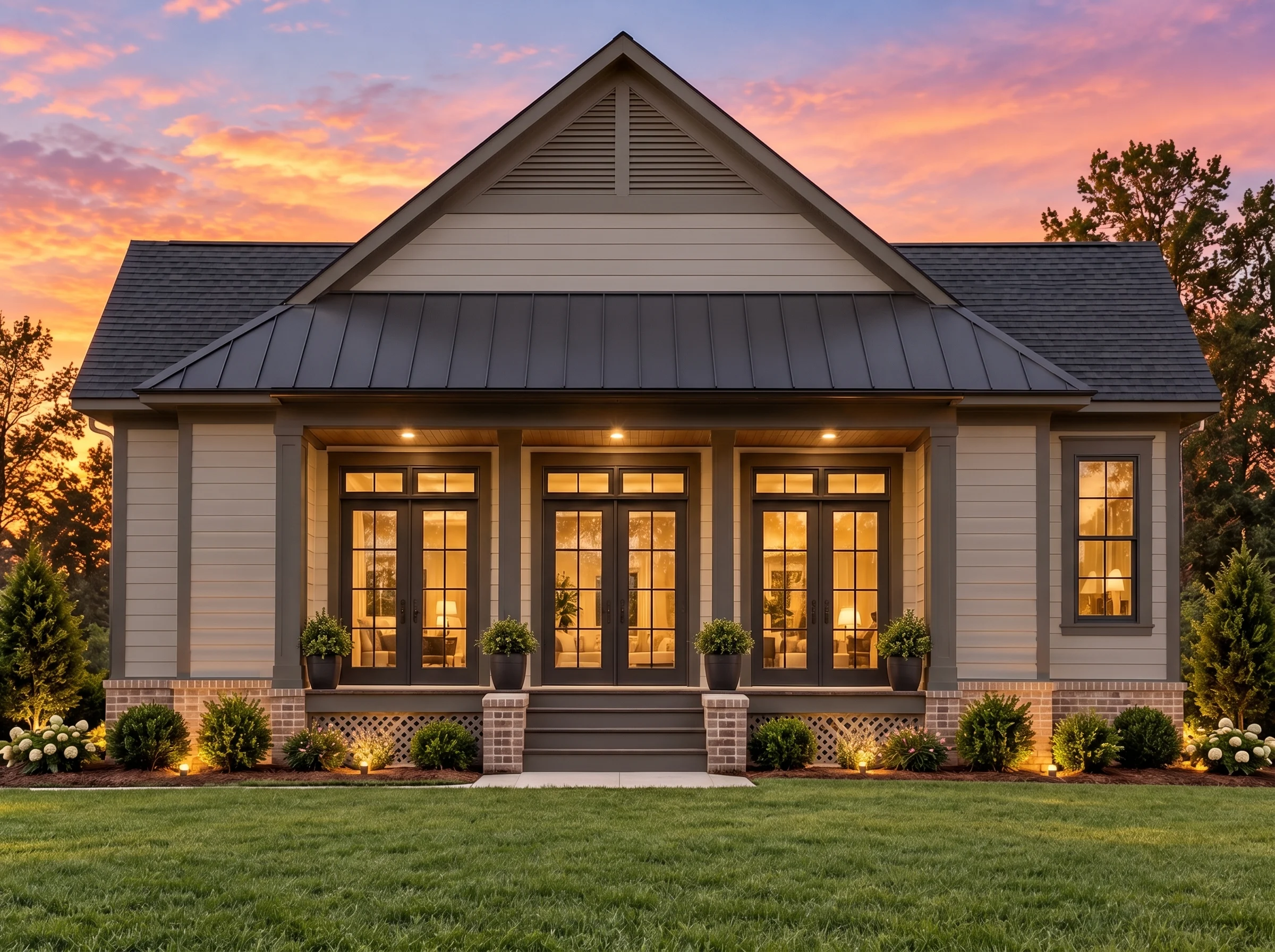 Plan  18-1010 – Bennett Lodge |  Modern Farmhouse – 2-Bed, 2-Bath, 1,806 SF - Mushroom Taupe, AI-generated exterior concept