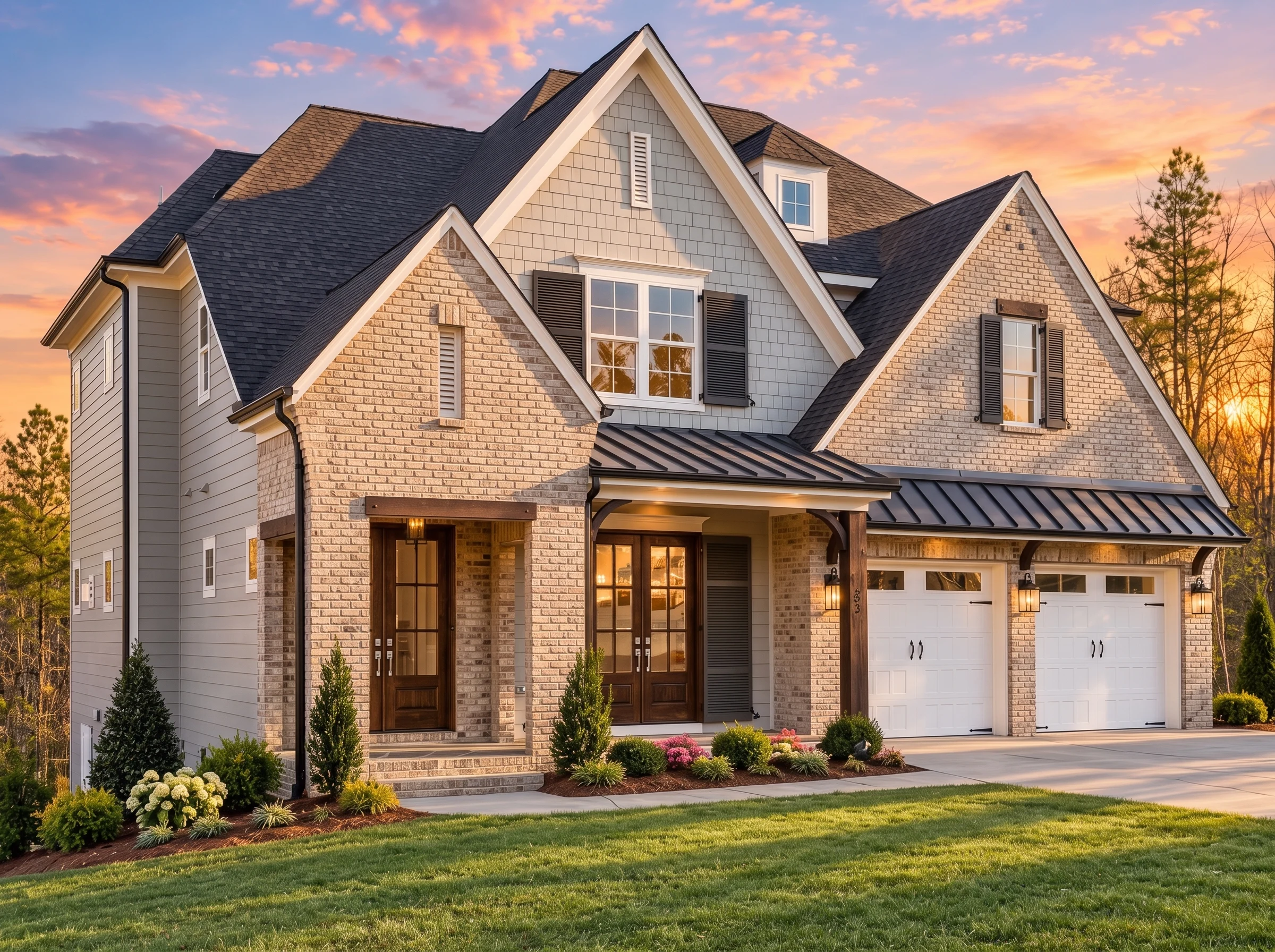 Plan  18-1689 – The White Manor |  New American – 4-Bed, 3.5-Bath, 3,223 SF - Natural Brick, AI-generated exterior concept