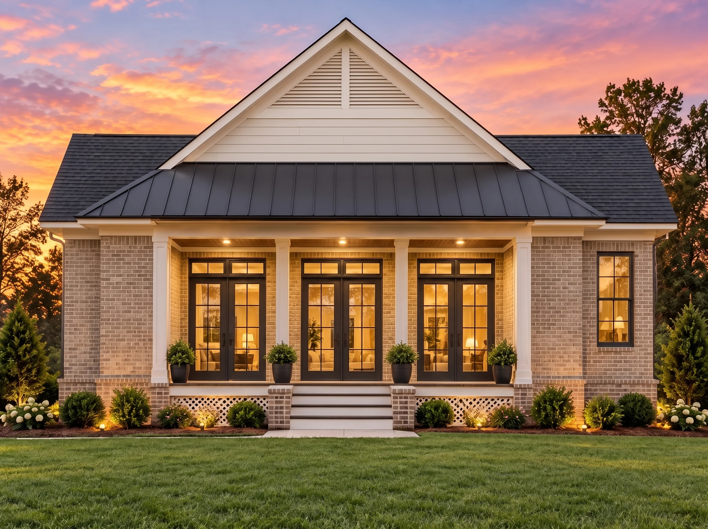 Plan  18-1010 – Bennett Lodge |  Modern Farmhouse – 2-Bed, 2-Bath, 1,806 SF - Natural Brick, AI-generated exterior concept