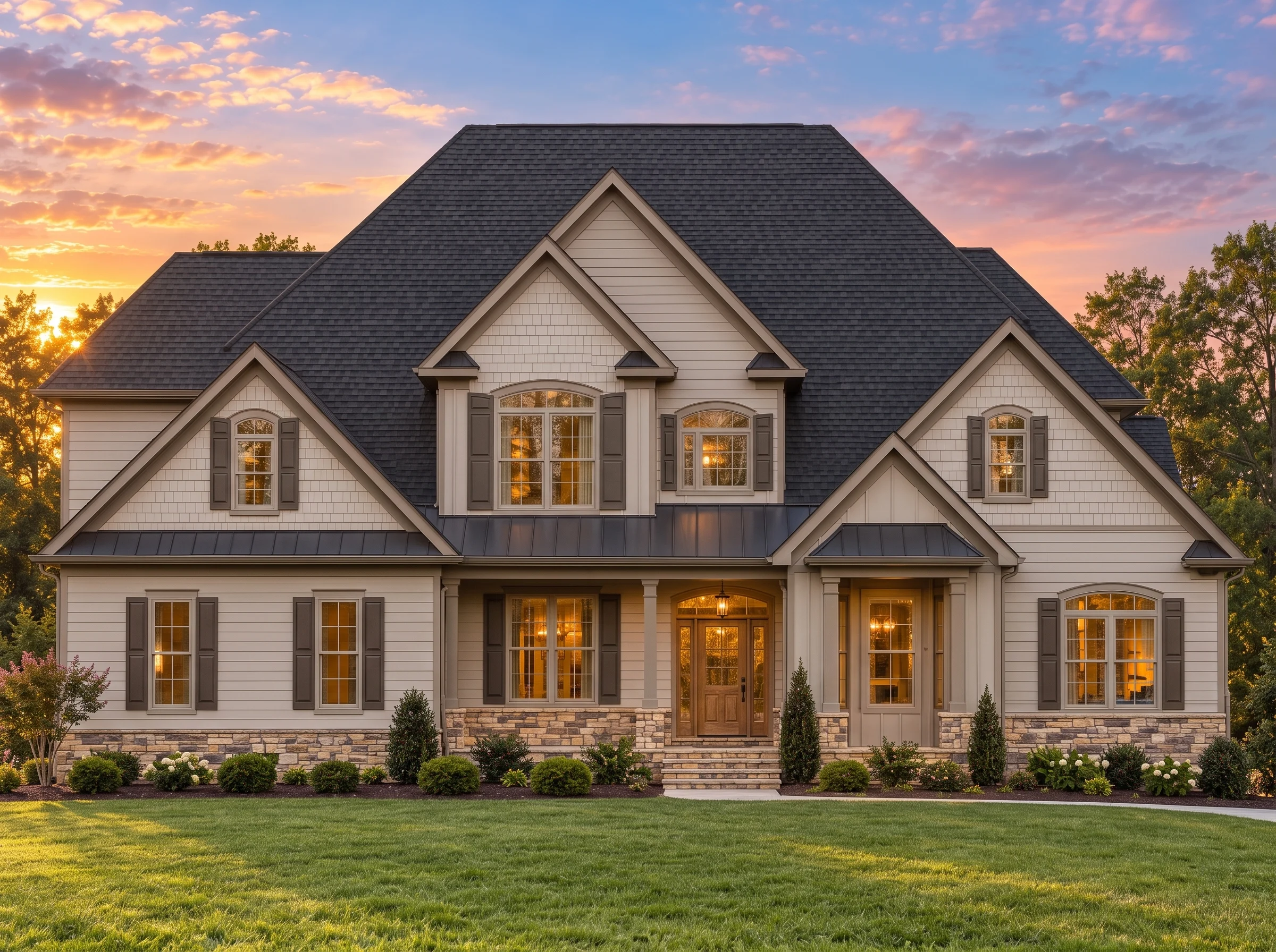 Plan  15-1677 – The Williams Retreat  | New American – 4-Bed, 3.5-Bath, 4,522 SF - Mushroom Taupe, AI-generated exterior concept