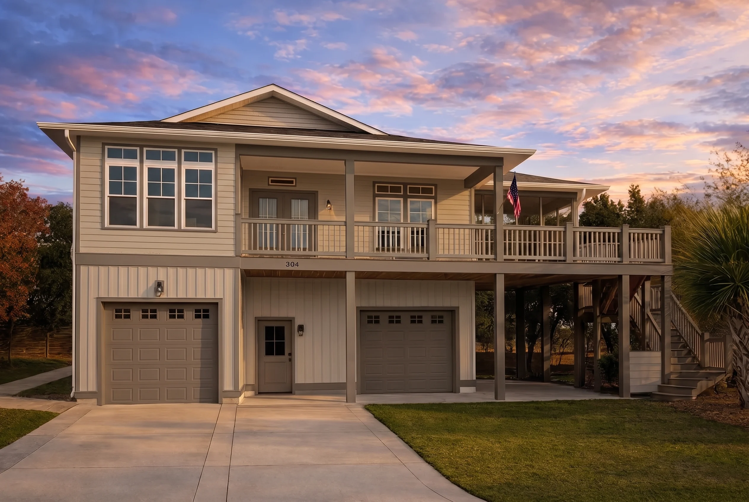 Plan  18-1990 – Lewis Ridge |  Coastal – 4-Bed, 3-Bath, 3,100 SF - Mushroom Taupe, AI-generated exterior concept