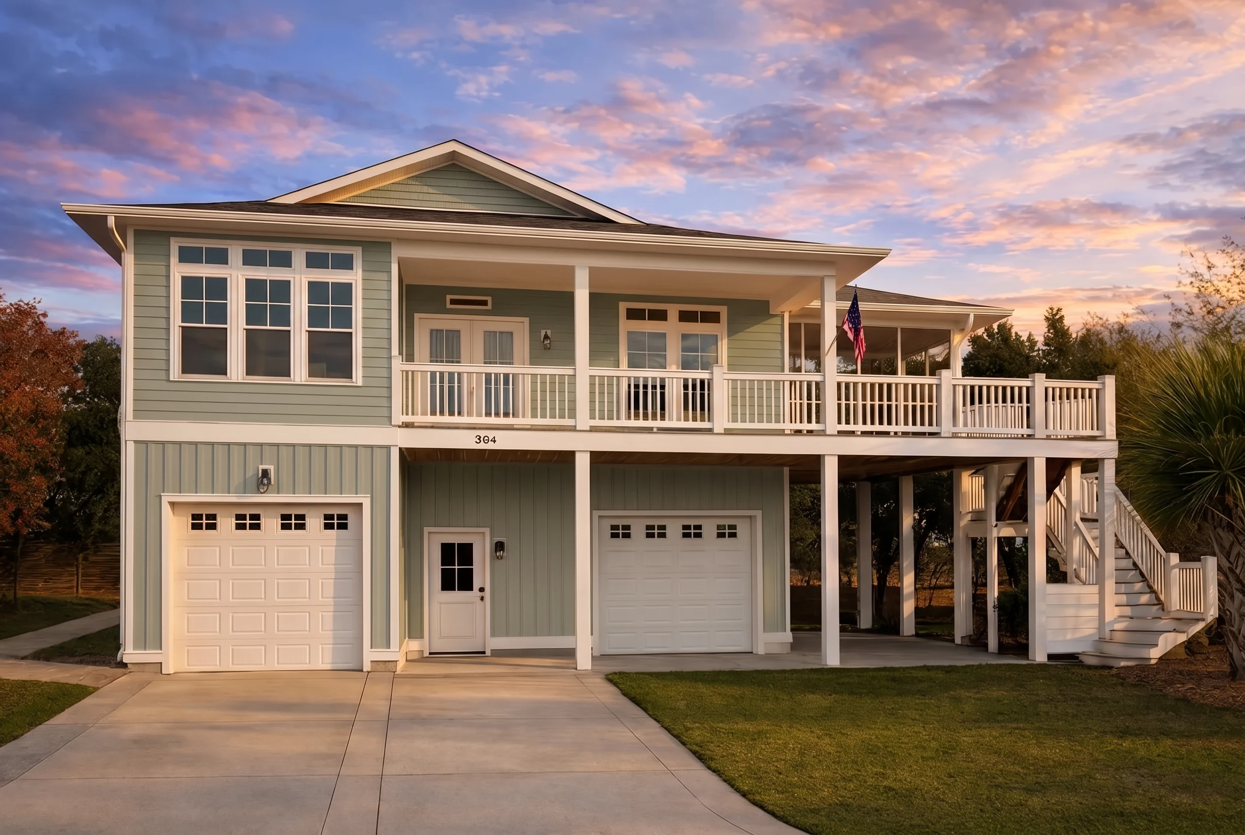 Plan  18-1990 – Lewis Ridge |  Coastal – 4-Bed, 3-Bath, 3,100 SF - Muted Sage, AI-generated exterior concept