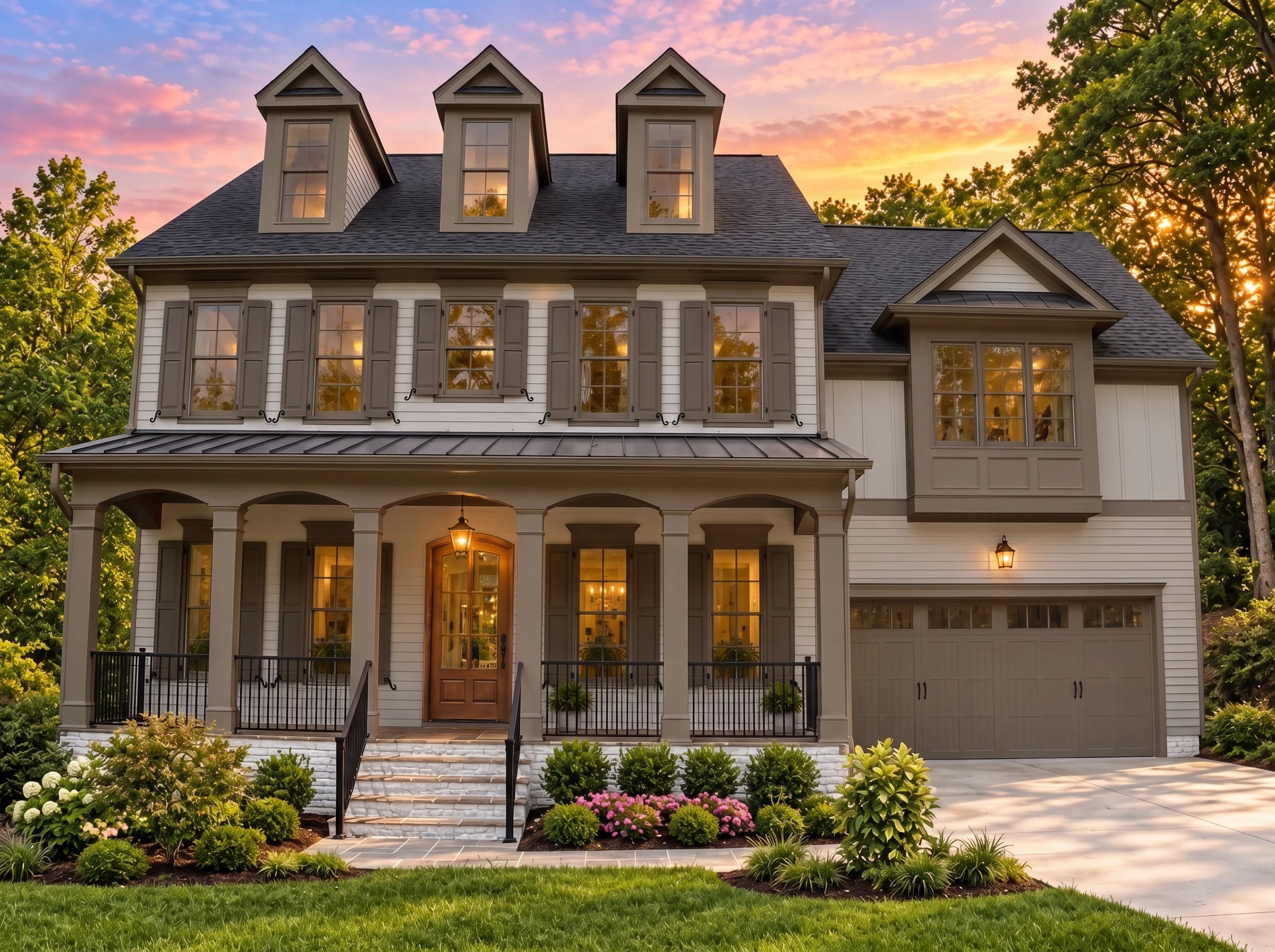 Plan  8-1957 – The Garcia Estate |  Traditional Colonial – 4-Bed, 3.5-Bath, 3,035 SF - Mushroom Taupe, AI-generated exterior concept