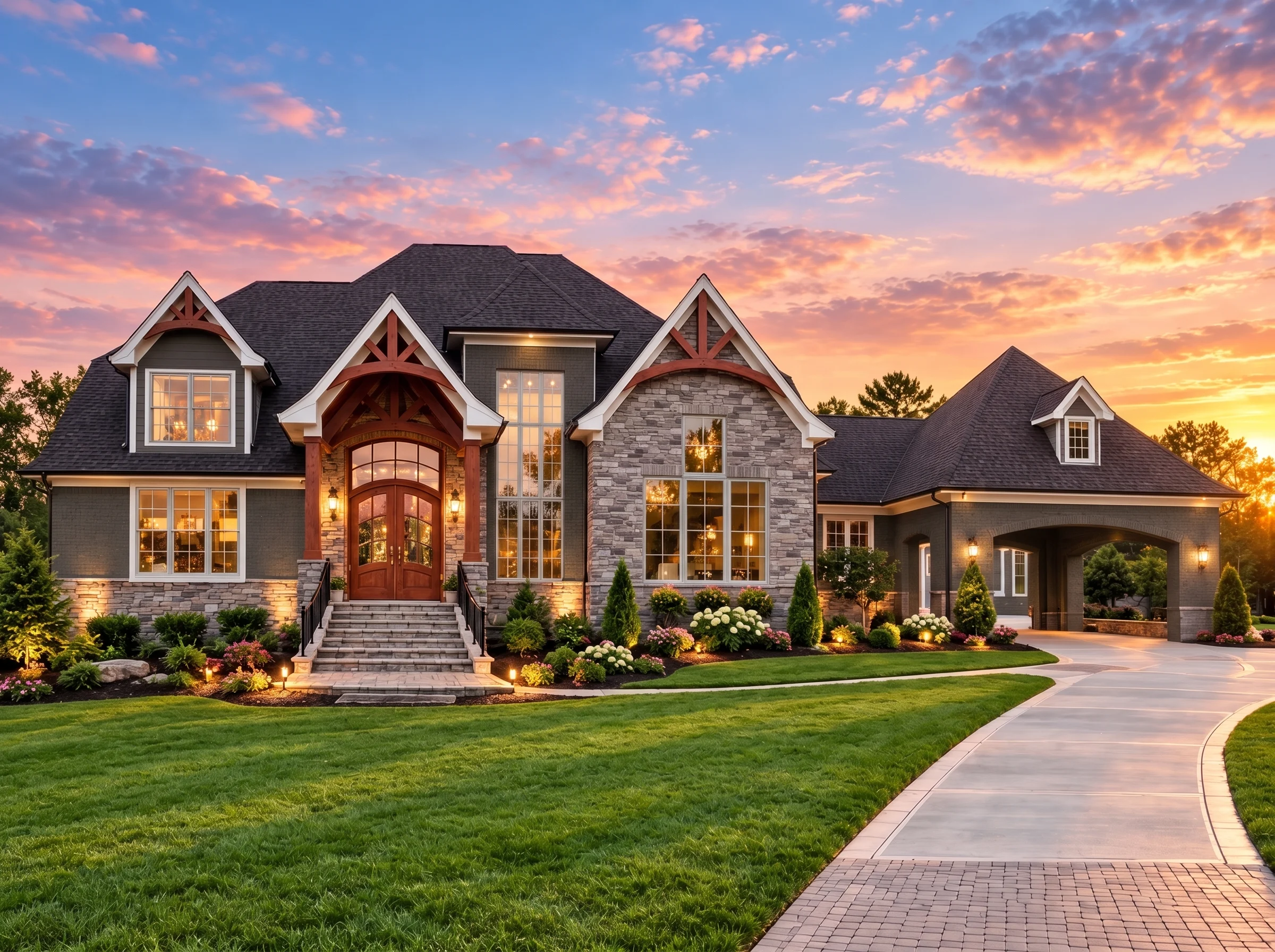 Plan  7-2028 – Hill Ridge | Tudor  Revival – 5-Bed, 5-Bath, 7,400 SF - Warm Charcoal, AI-generated exterior concept